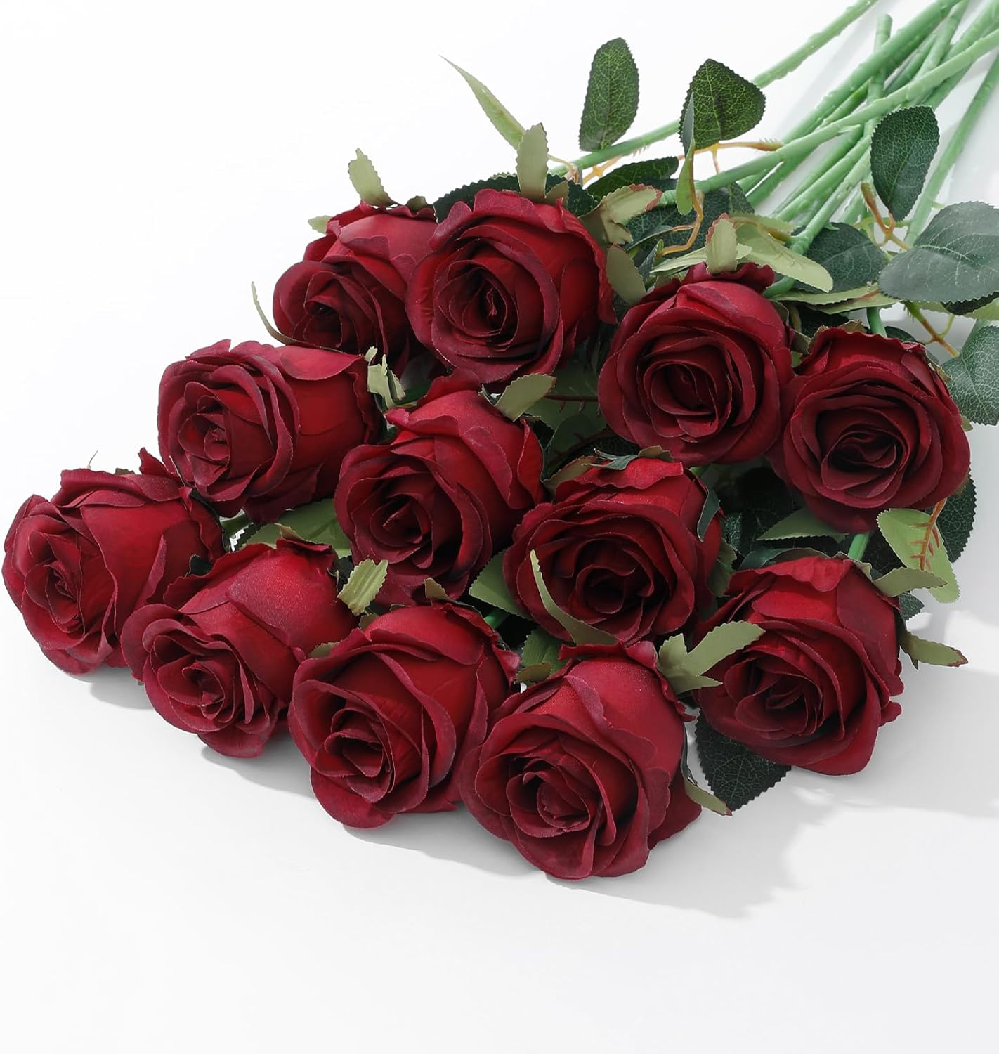 12Pcs Realistic Fake Roses Faux Flowers with Long Stems, Artificial Silk Rose Flowers for Valentines Day Home Wedding Decor Bridal Bouquet (Dark Red)