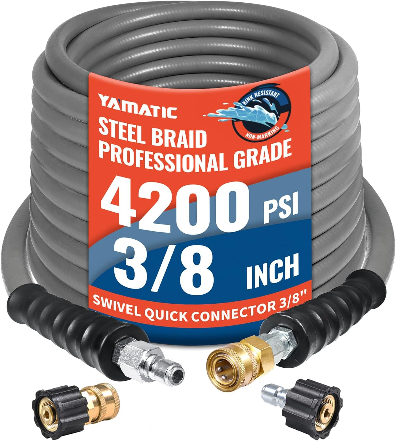 3/8" Non-Marking Pressure Washer Hose 50 FT, Swivel Quick Connect | Steel Wire Braided Max 250°F Hot Water Use, Wear and Kink Resistant, 3/8" to M22-14Mm Adapters Included