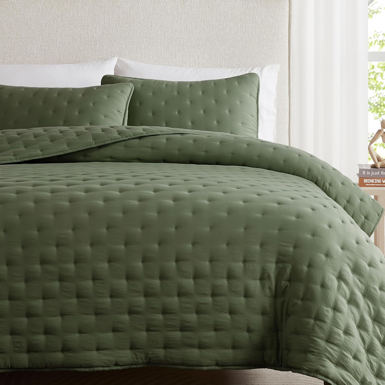 Olive Green Cloud King Size Quilt Set, Tan Lightweight Farmhouse Bedspread, Rustic Country Coverlet, Taupe Camel Soft Bedding, Thin Comforter for All Season - 3 Pieces, 104X90 Inches