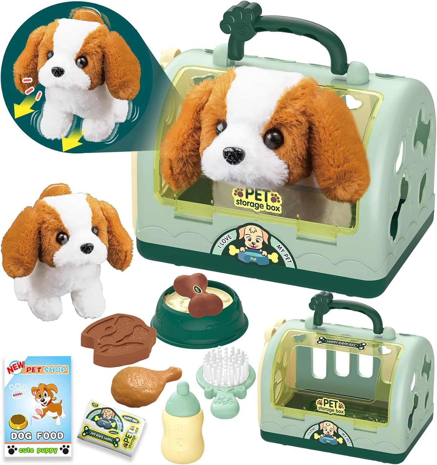 Pet Care Play Set Robot Dog Toys for Kids, 12Pcs Kids Pretend Play Feeding Walk Bark Puppy Pet Toys with Interactive Electric Dog Plush & Cage, Xmas Gifts for Girls Toddlers 3 4 5 6 7 Years Old