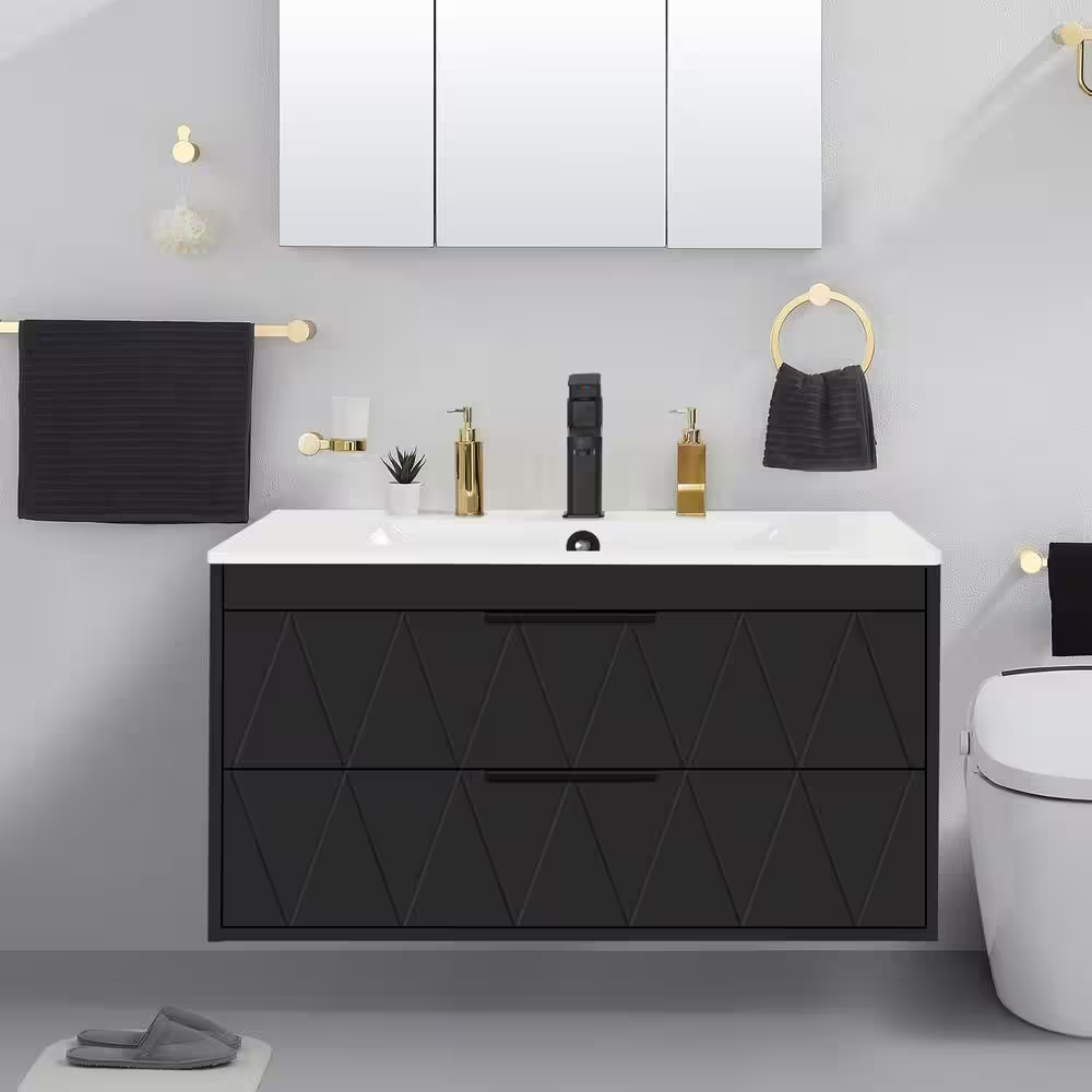 36 In. W X 18.1 In. D X 18.1 In. H Single Sink Floating Black Bath Vanity with White Integrated Composite Resin Top