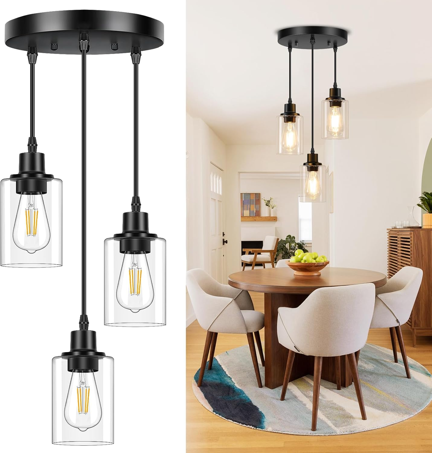 Lámparas colgantes de 3 luces, lámparas colgantes negras