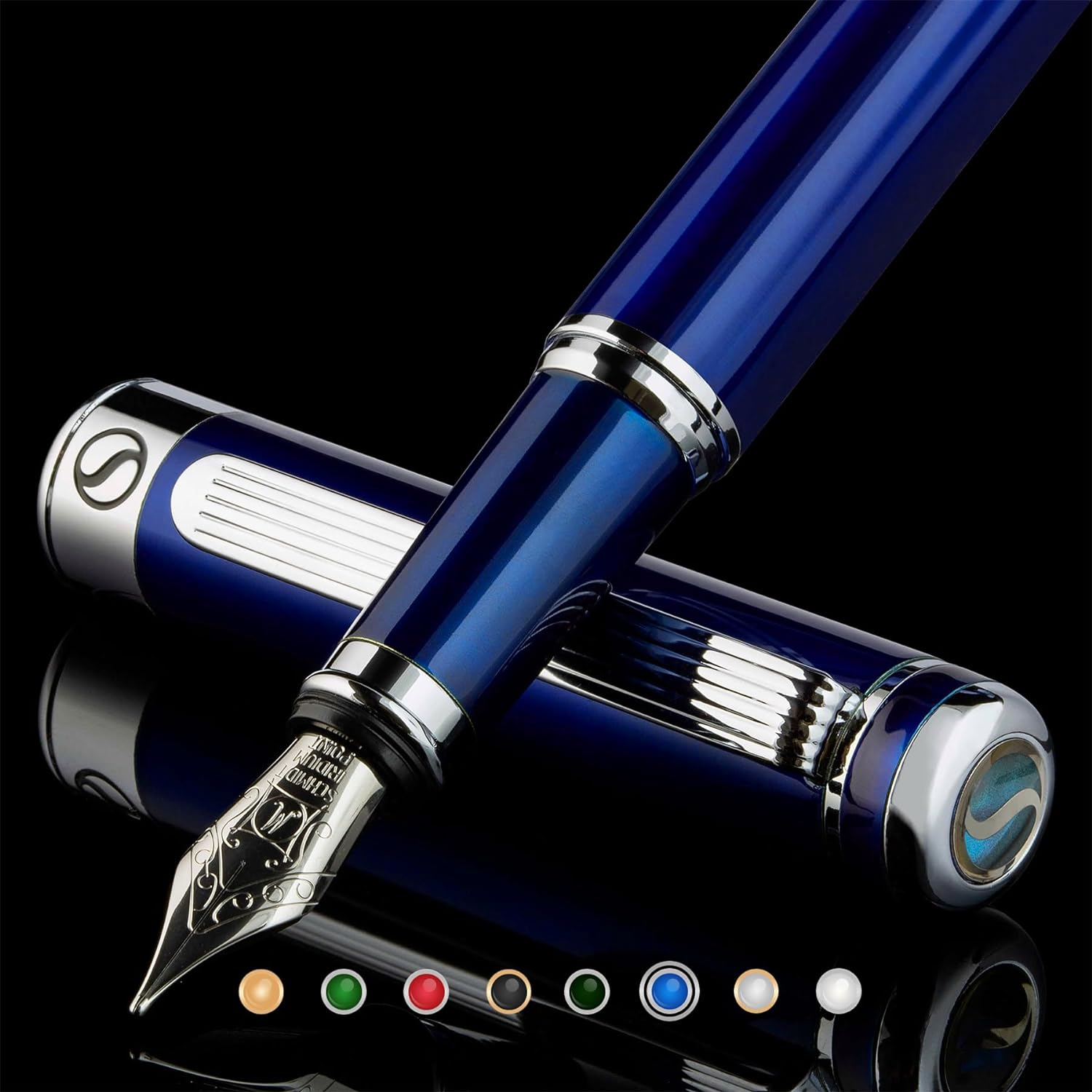 Midnight Blue Fountain Pen - Stunning Luxury Pen with Chrome Appointments, Schmidt Nib (Medium), Best Pen Gift Set for Men & Women, Professional, Executive, Office, Nice Pens