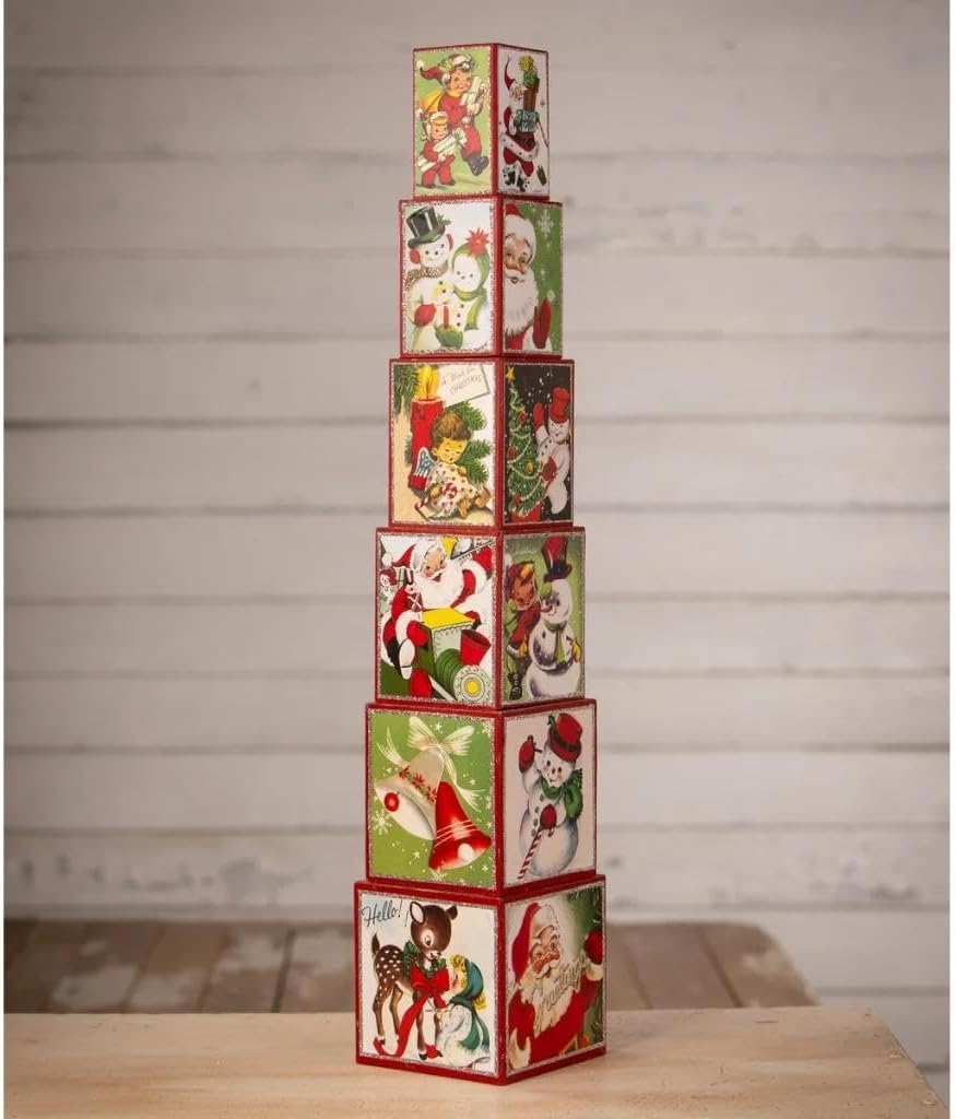 Retro Holiday Santa and Kids Images on Stacking Nesting Box Riser Set of 6