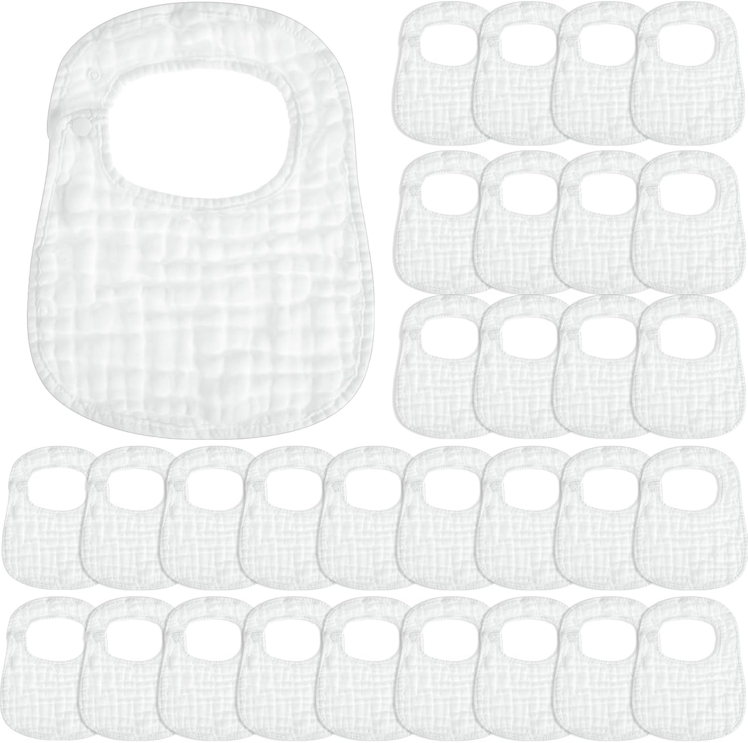 Reginary 30 Pack White Muslin Bibs Bulk for Boy Girl Muslin Baby Bibs Adjustable 6 Layers Cotton Bandana Soft Absorbent Washable Snap for Baby Decorating Newborn Infant Drooling Eating Feeding Gifts