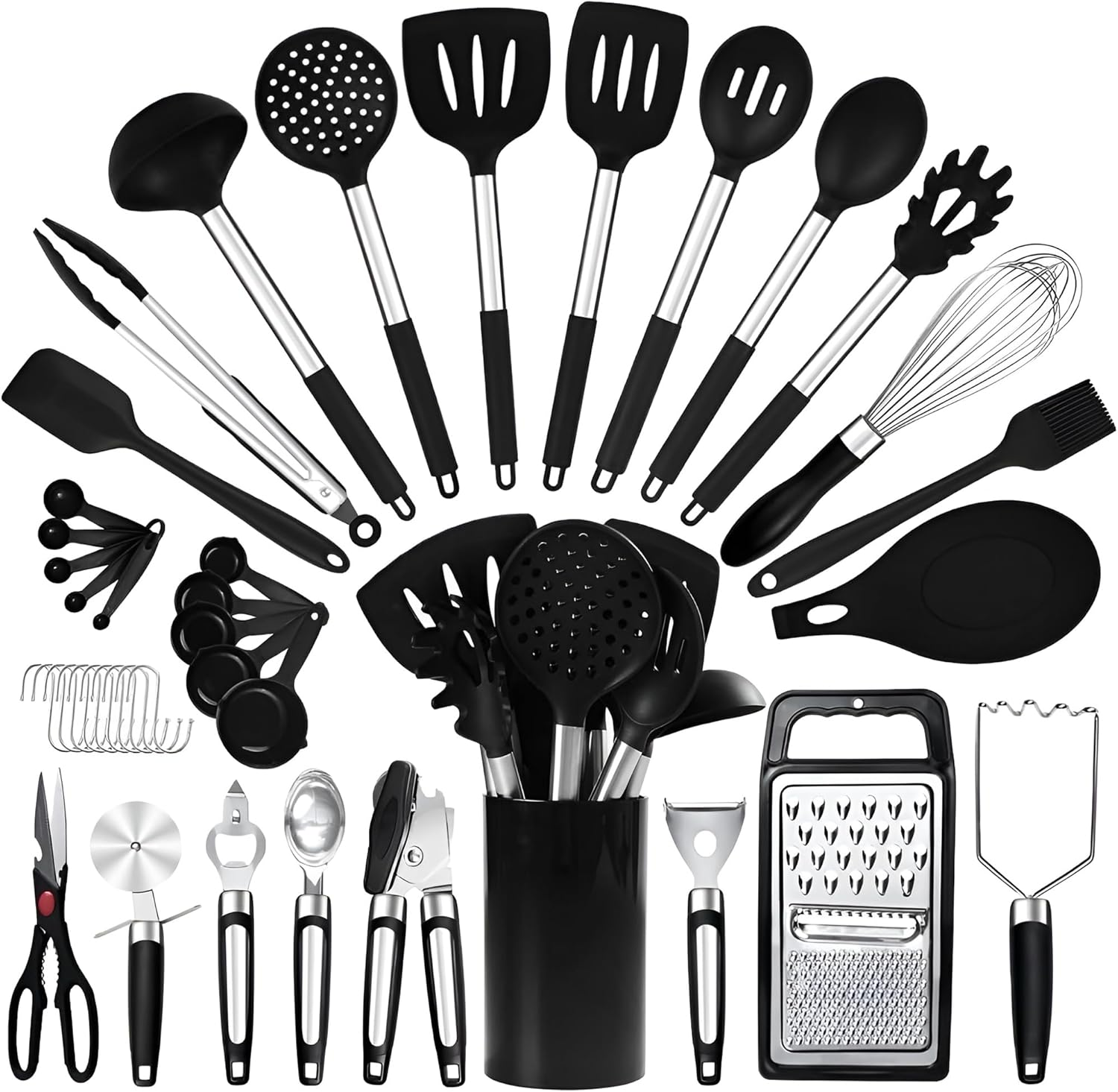 40Pcs Silicone Cooking Utensils Set 446℉ Heat Resistance,  BPA Free Kitchen Utensils Set for Nonstick Cookware, Gadgets Includes Can Opener, Potato Smasher,Peeler,Tongs,Spatula Set,Pizza Cutter