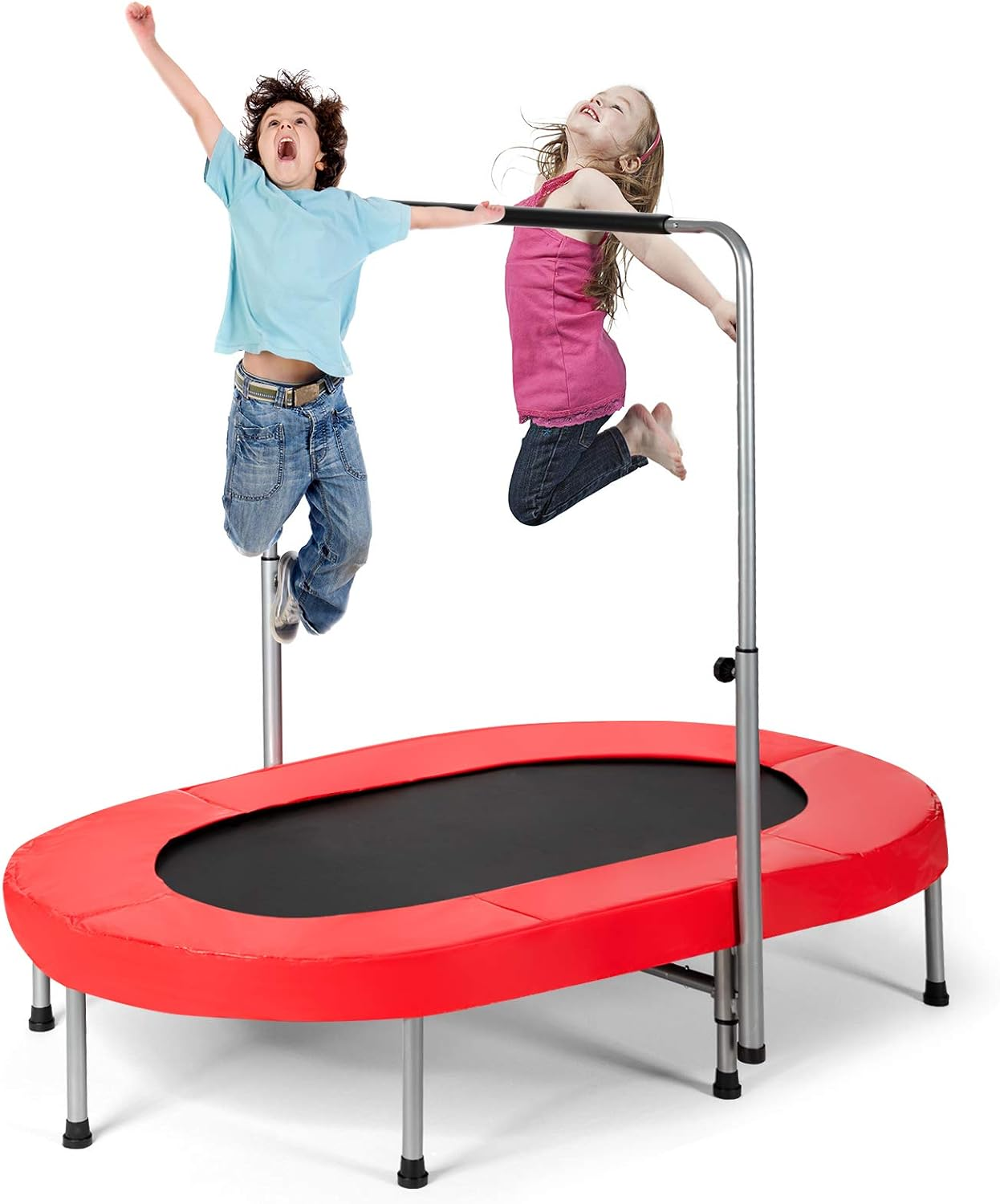 Kids Trampoline, 2 Persons Foldable Fitness Trampolines with 5 Levels Height Adjustable Handle, Indoor Double Oval Rebounder Exercise Jumper for Children, Teens and Adults