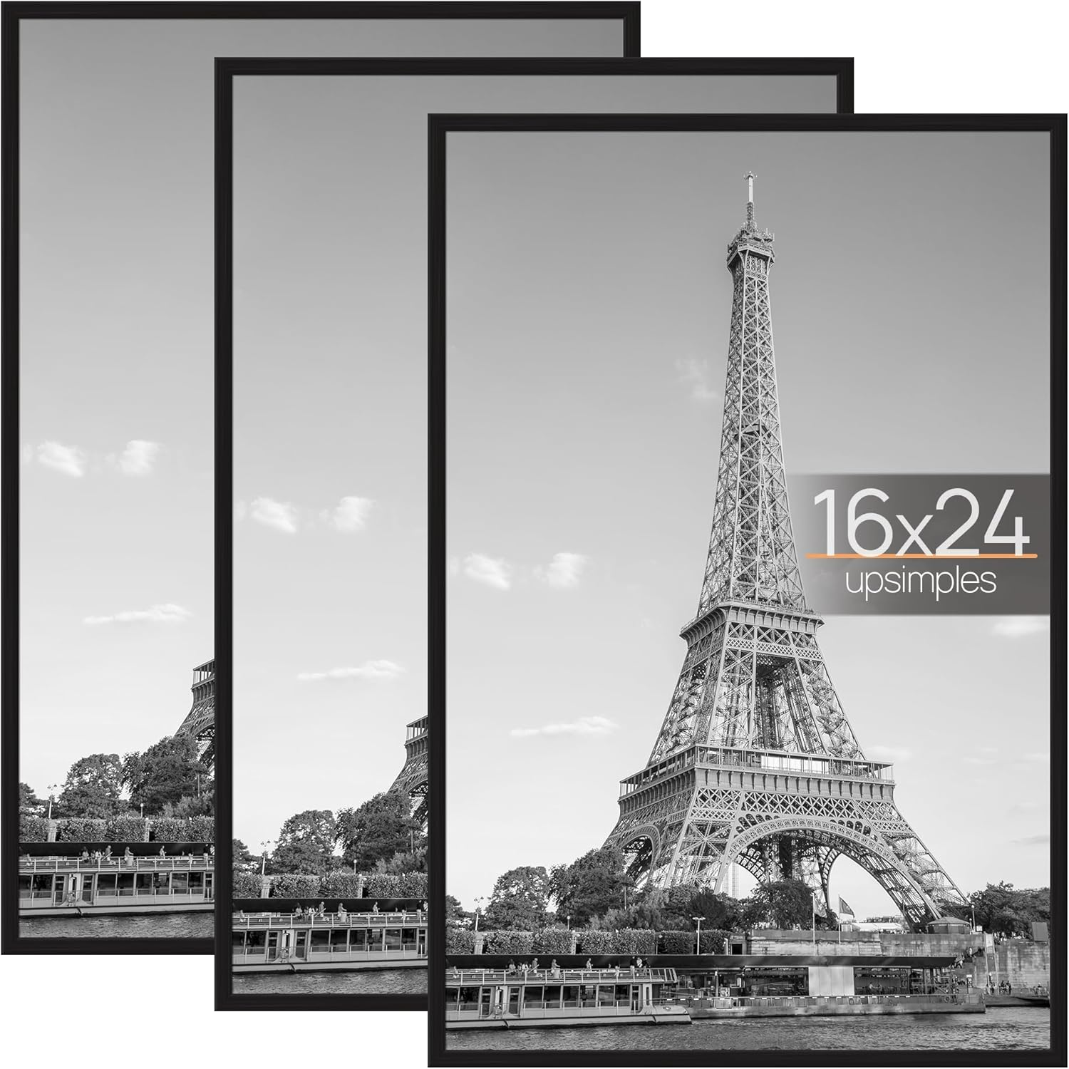Upsimples 16X24 Picture Frame Black 3 Pack, Scratch-Proof Poster Frames 16 X 24 for Photo Gallery - Slide-In Strips, Horizontal or Vertical Wall Mounting