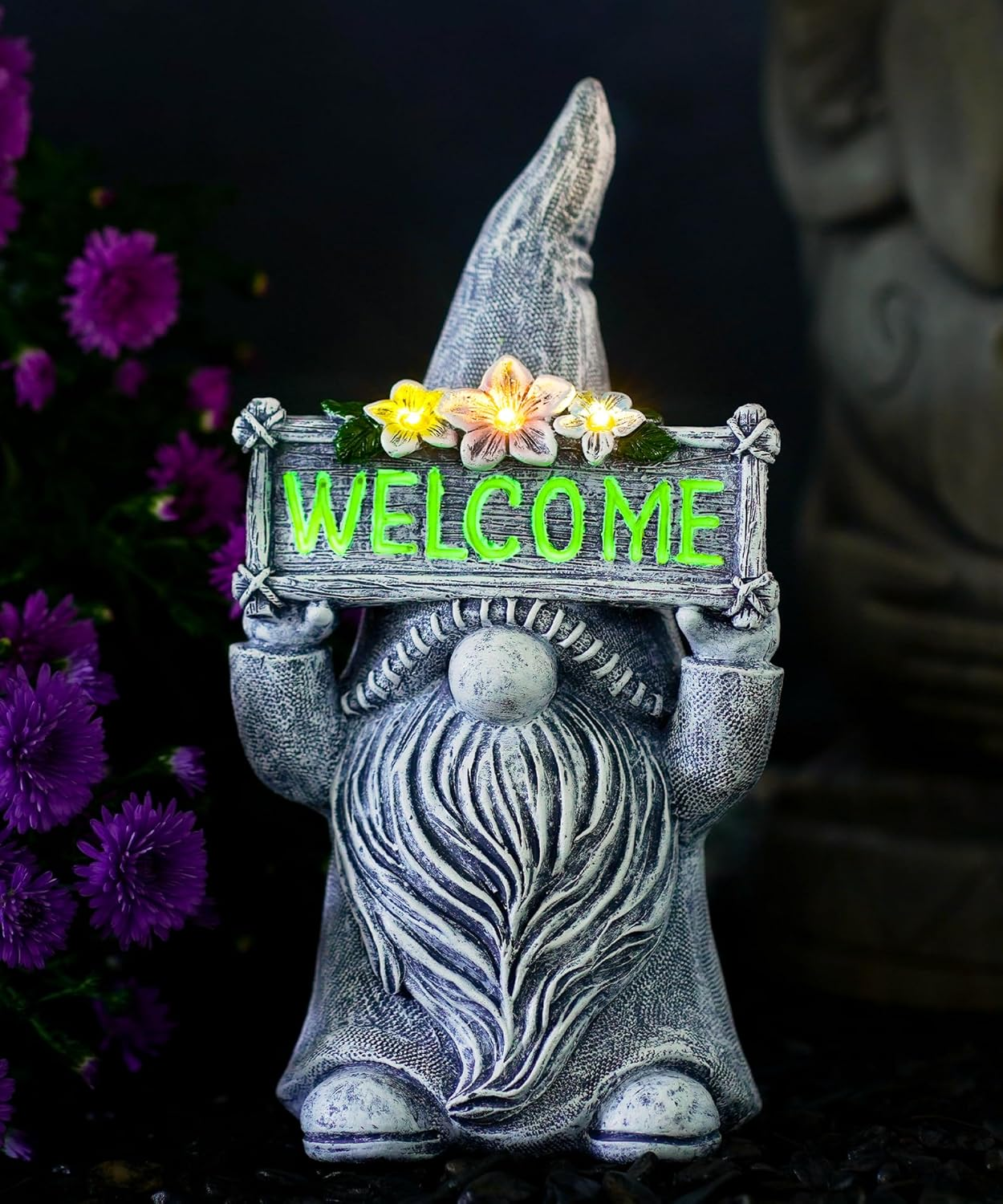 Solar Gnome Statue for Garden Decor: outside Sculpture with Flower Welcome Sign Clearance for Yard Art Lawn Ornaments Porch Patio Balcony - Birthday Gifts for Grandma Mom Women(Grey)