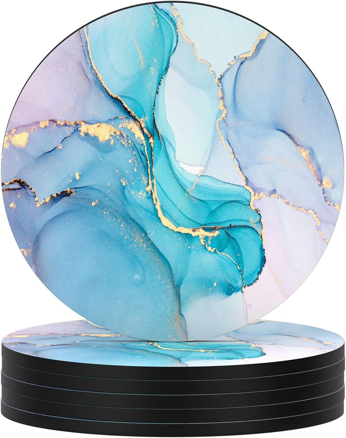Coasters for Drinks, Set of 6 Cute Absorbent Rubber Drink Coasters for Cup with Non Slip Backing, Kitchen Home Decor Housewarming Gift, Round 4 in, Colorful Marble
