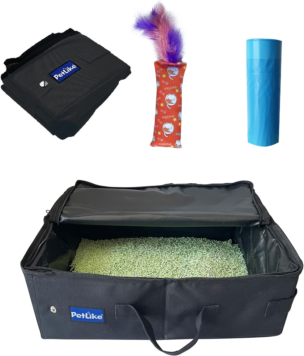 Travel Cat Litter Box, Leak-Proof Portable Litter Box, Collapsible Toilet Tray Carrier for Small Medium Cats (Black+Litter Box Liners, Medium)