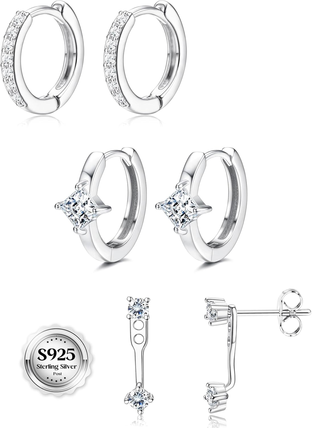 3Pairs 925 Sterling Silver Earrings for Women, 14K Gold Plated Small Huggie Hoop Earrings Sets for Multiple Piercing Hypoallergenic, CZ Cartilage Earrings Stacks Trendy Earrings Jewelry Gifts