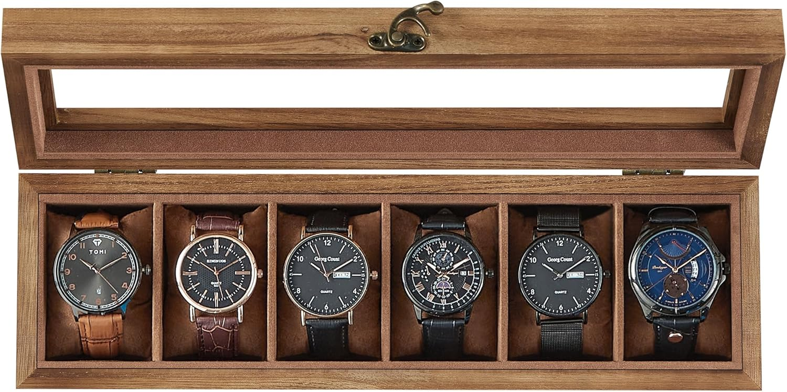 Scatola per Orologi, Scatola Porta Orologi a 6 Scomparti, Portaorologi in Legno Con Coperchio in Vetro E Cuscinetti Rimovibili, Idea Regalo, Noce Rustico JOW006K01