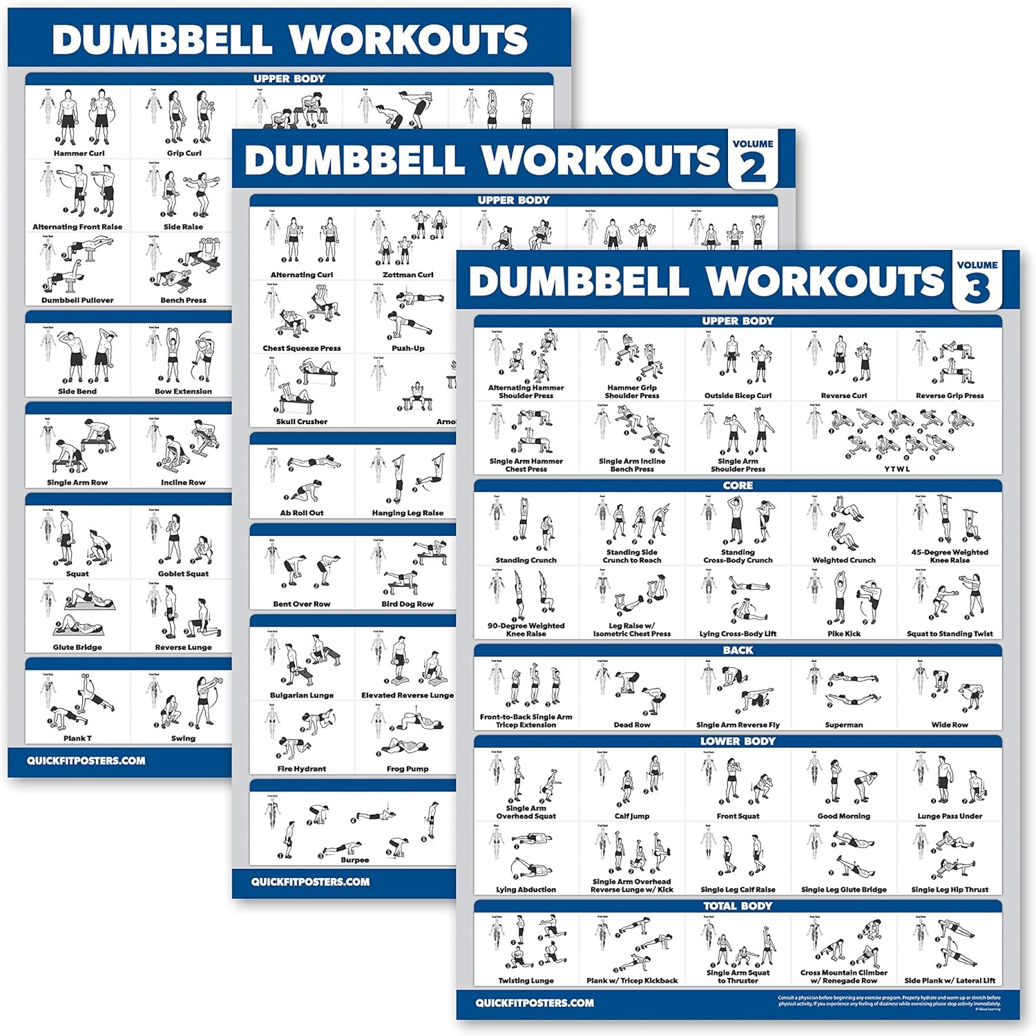 Palace Learning 3 Pack - Dumbbell Workout Posters for Home Gym - Volume 1, 2 & 3 - Exercise Charts (Laminated, 18