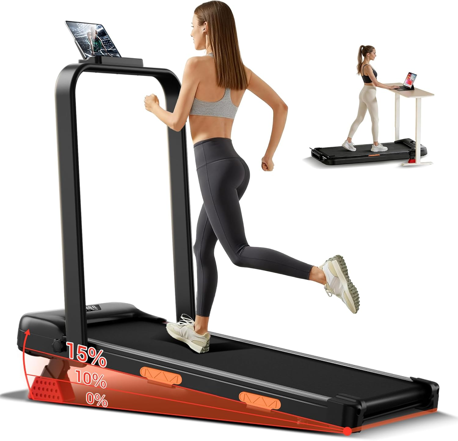 15% Incline Walking Pad Treadmill with Handles - Portable Under Desk Treadmill