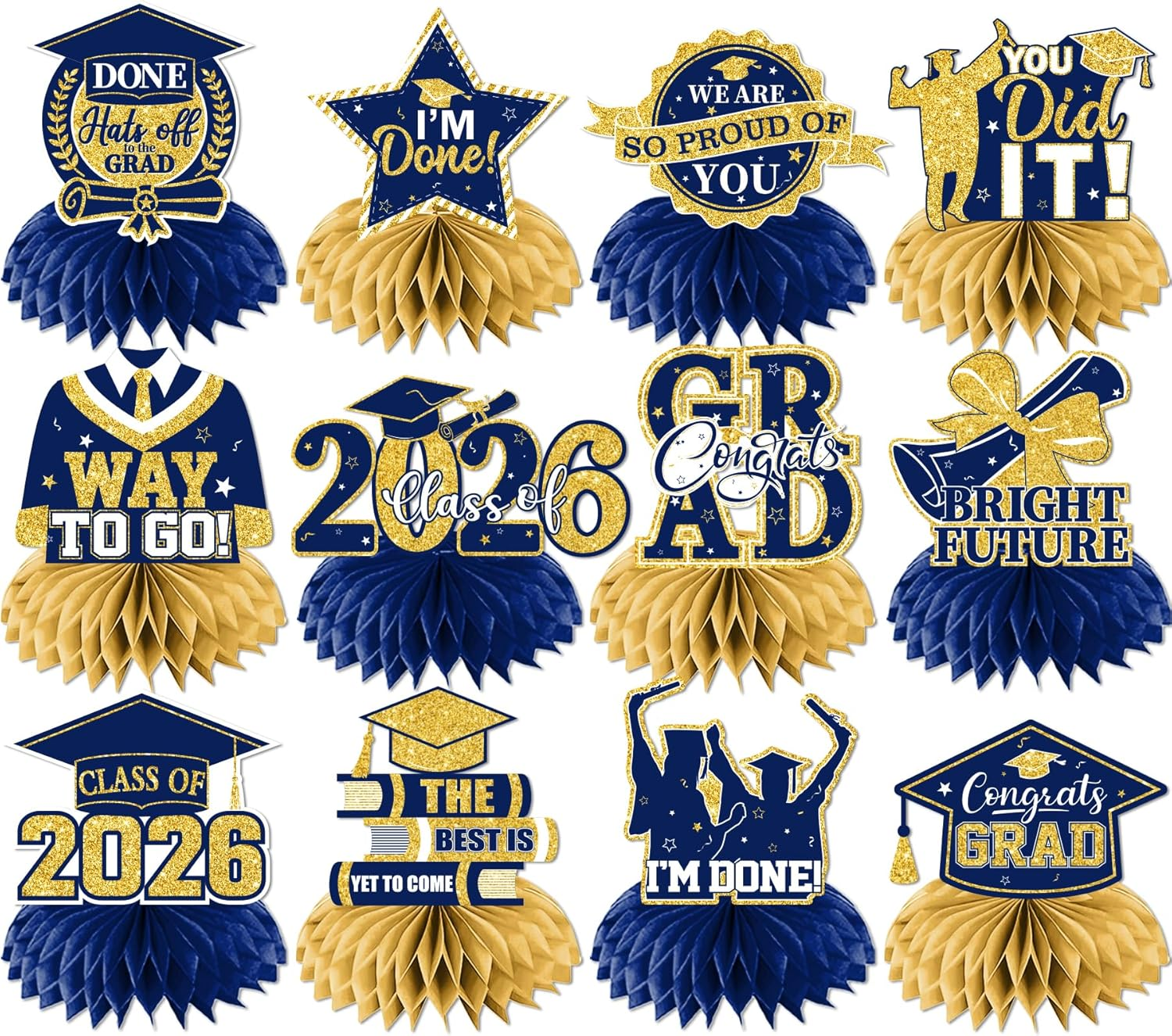 12Pcs Navy Blue Graduation Decorations Hoenycomb Centerpieces, 2025 Glitter Graduation Decorations Navy Blue Graduation Table Decorations Congrats Grad Class of 2025 Red Gold Graduation Table Toppers
