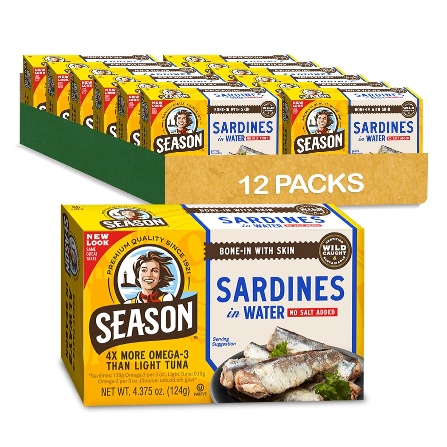 Season Sardines in Water - No Salt Added, Wild Caught, 22G of Protein, Keto Snacks, More Omega 3'S than Tuna, Kosher, High in Calcium, Canned Sardines - 4.37 Oz Tins, 12-Pack