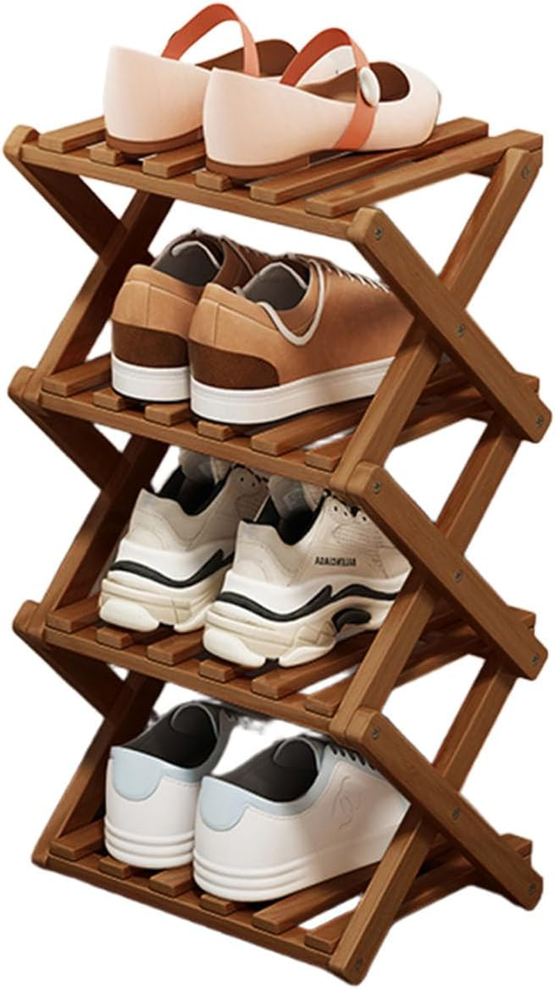Bamboo Shoe Rack, Foldable Vertical Shoe Rack for Front Door Entrance Narrow Shoe Organizer Small Shoe Shelf for Entryway Shoe Storage Closet Multi-Tier (Brown Colors,4 Layers)