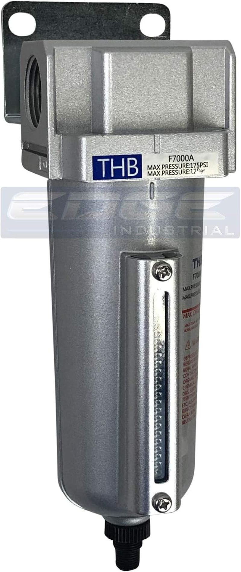 HEAVY DUTY INDUSTRIAL RATED HIGH FLOW PARTICULATE FILTER, IN-LINE WATER TRAP for COMPRESSED AIR LINE SYSTEMS, 5 MICRON with METAL BOWL and AUTO DRAIN (3/4" NPT, 5Oz)