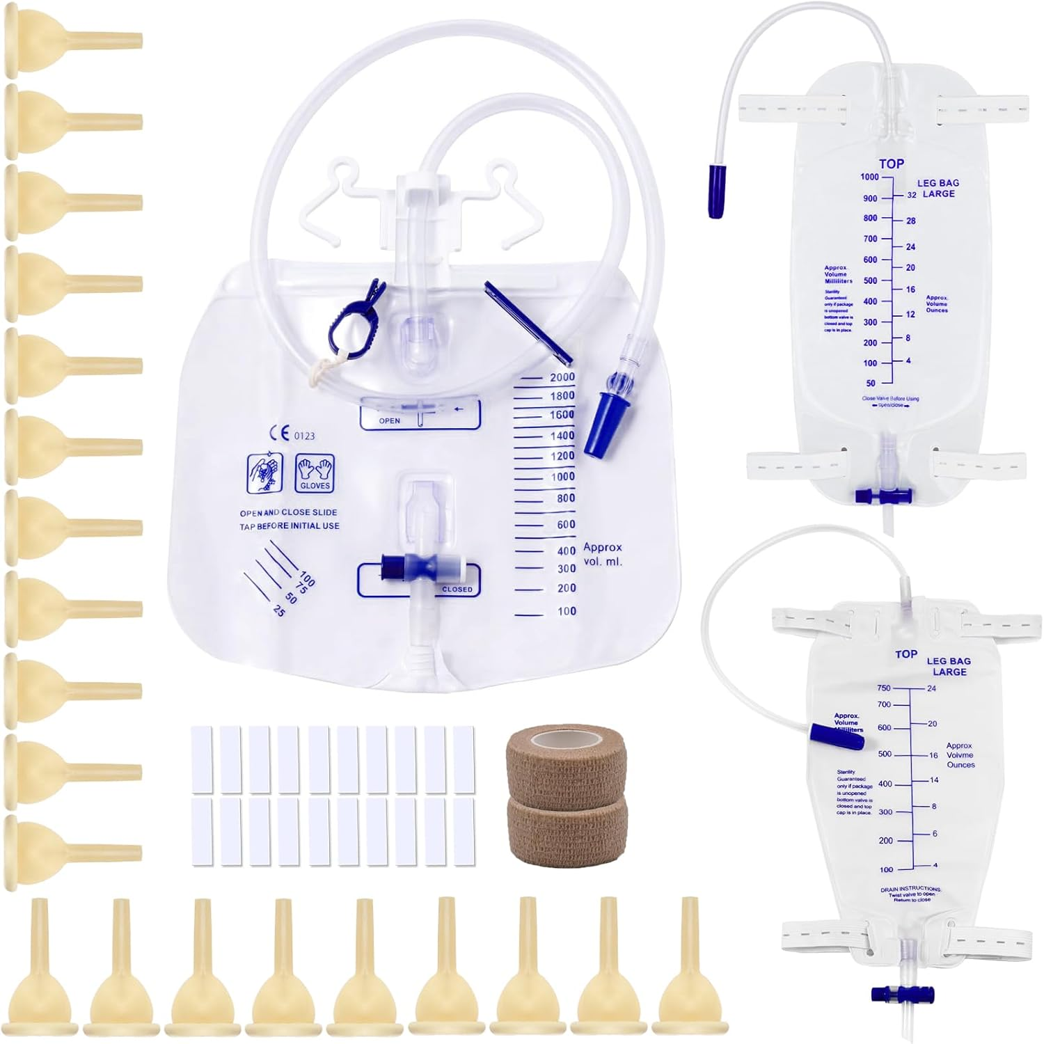 External Male Catheters Kit with 2 Leg Bags 750Ml & 1000Ml, Overnight 2000Ml Urine Bags, 20 Soft Latex, 2 Rolls Tape, Condom Catheters for Men Day and Night Incontinence Care, Dignity & Comfort(30Mm)