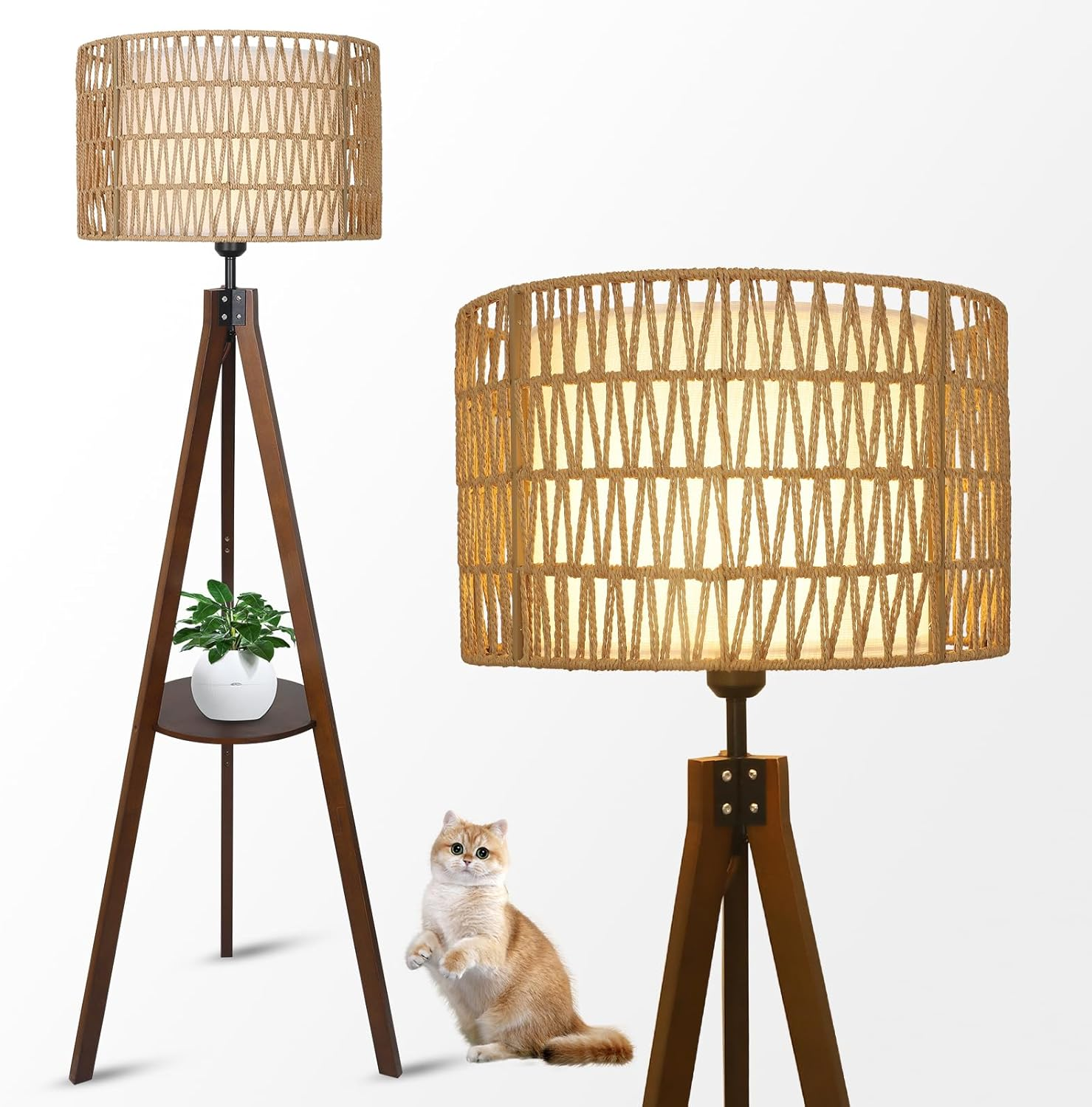 Boho Tripod Floor Lamp with Shelves, Mid Century Wood Standing Lamp with Rattan & Fabric Shades, On/Off Foot Switch, Modern Farmhouse Tall Floor Lamps for Living Room Bedroom Office