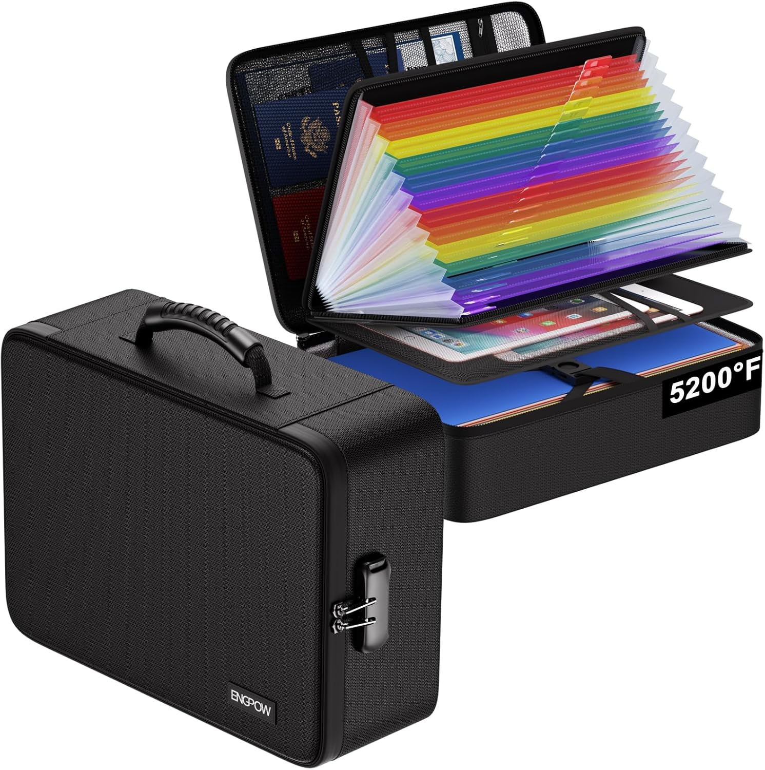 5200℉ Soft Case Fireproof Document Box with Lock,Fireproof Box with 25 Colorful Pocket Accordion File Folder,Fireproof Water Resistant Safe File Organizer Storage for Important Documents