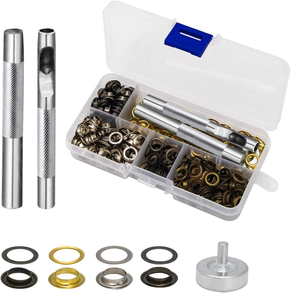 1/4 Inch Grommet Kit 200 Sets,  Grommets Eyelets 6mm Sewing Eyelets Gold, Silver, Black Metal Gromit Kits 4 Colors with Tools and Storage Box