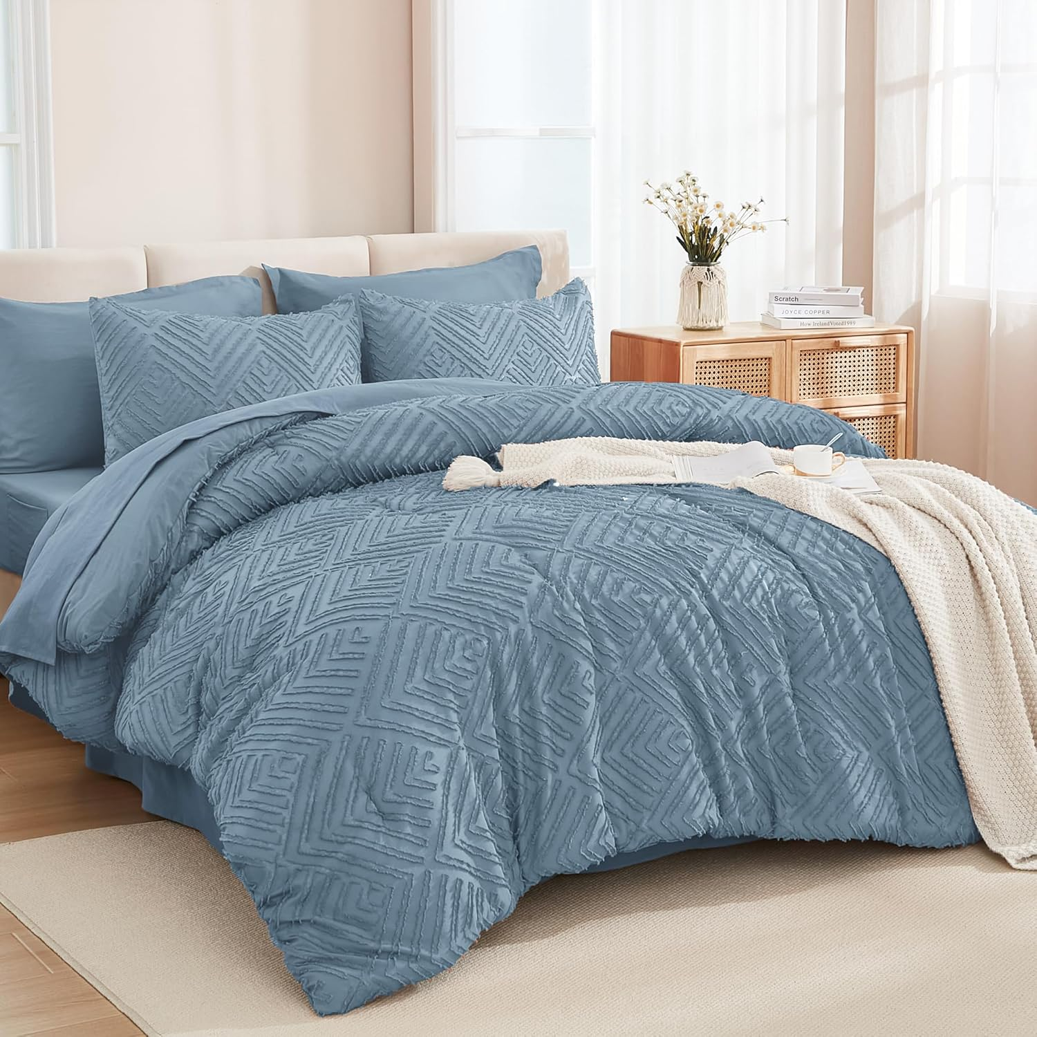Queen Size Comforter Set 7 Piece Grayish Blue - Bed in a Bag Queen Boho Lightweight Fluffy Tufted Bedding Sets with Comforter, Sheets, Pillowcases & Shams
