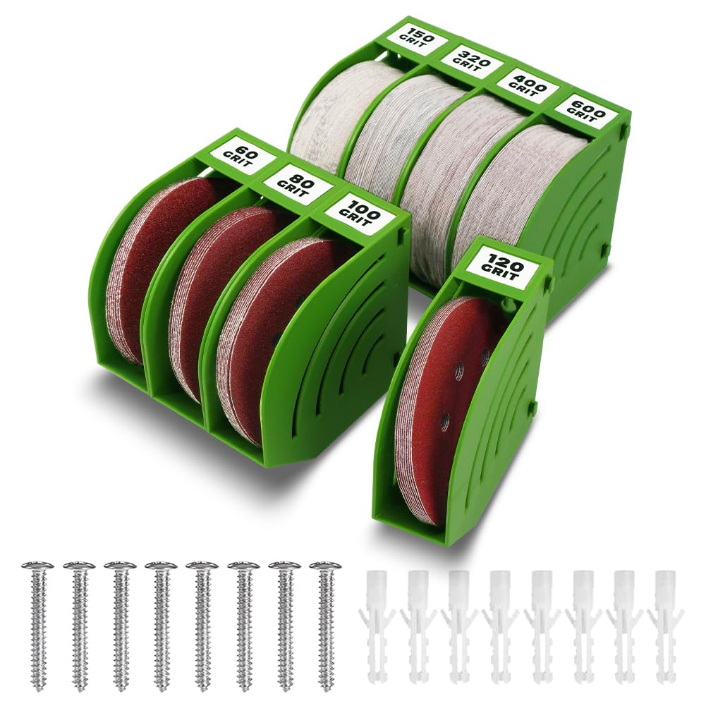150 Mm Sanding Disc Storage Box, Sandpaper Organizer with 8 Bins – Space-Saving Storage Rack, Offset Snap-On Connection, Grit Classification, Efficient Organization, Green