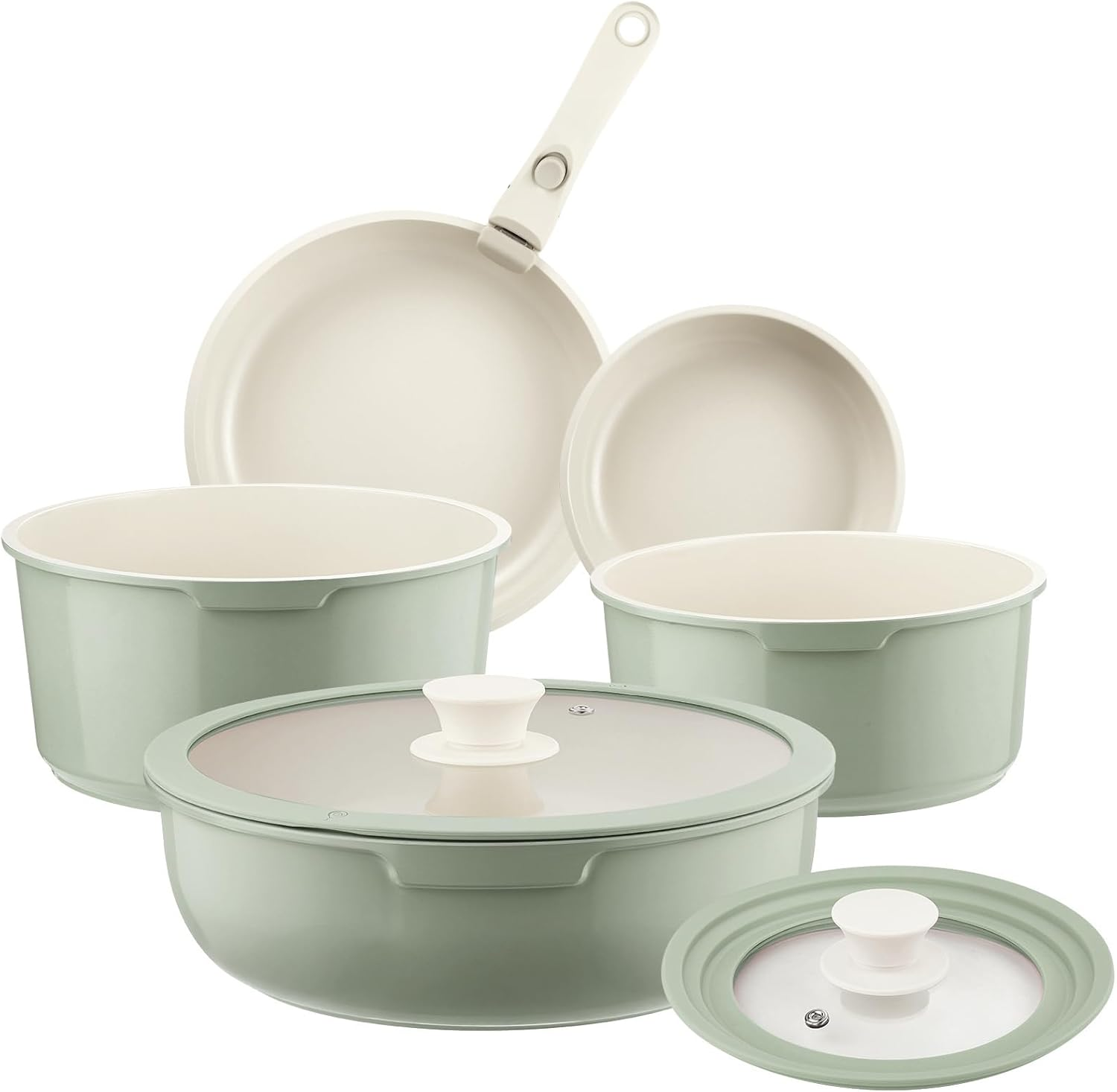 Ceramic Pots and Pans Set Non Stick Green, 8 Pcs Nonstick Cookware Set with Detachable Handle RV Camping Induction Kitchen Cookware Set Non Stick, PFAS PFOA & PTFE Free