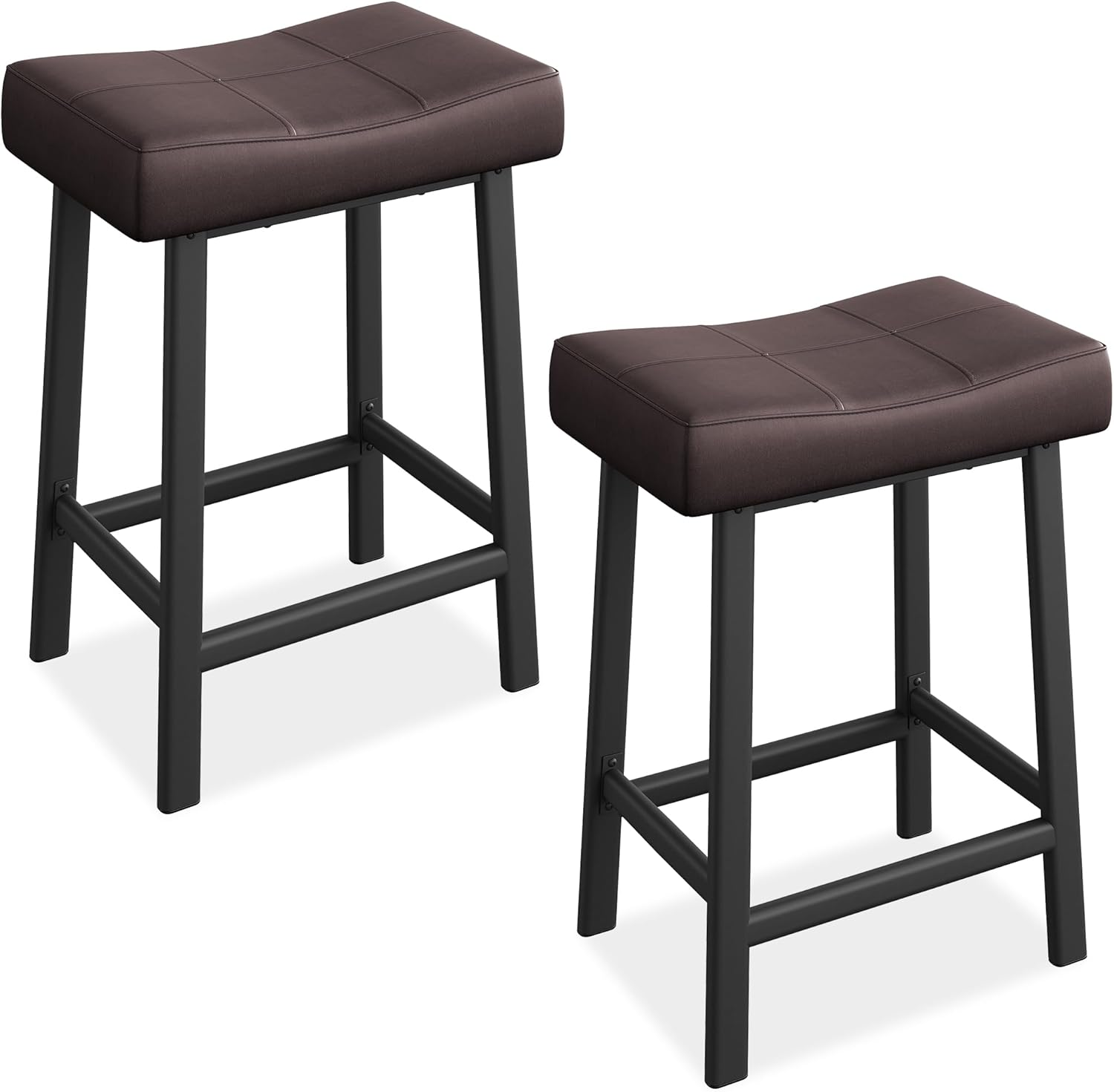 24 Inch Backless Saddle Barstools Set of 2, Counter Height Upholstered Padded Barstools with Curved Surface, Metal Leg and Footrest, for Kitchen Counter, Home Bar (Brown, 24 Inch-Set of 2)