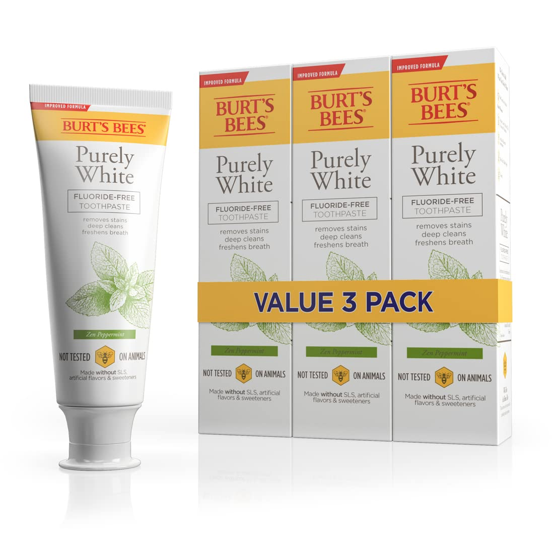 Burt'S Bees Toothpaste, Natural Flavor, Fluoride-Free, Purely White, Zen Peppermint, 4.7 Oz, Pack of 3