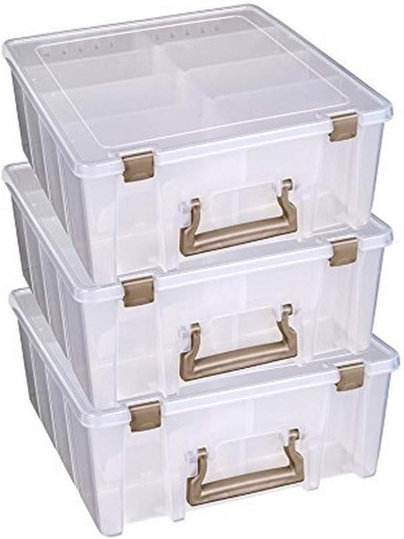 6990ZZ Super Satchel Double Deep 3-Pack, Portable Art & Craft Organizers with Handles, [3] Plastic Storage Cases, Clear & Gold