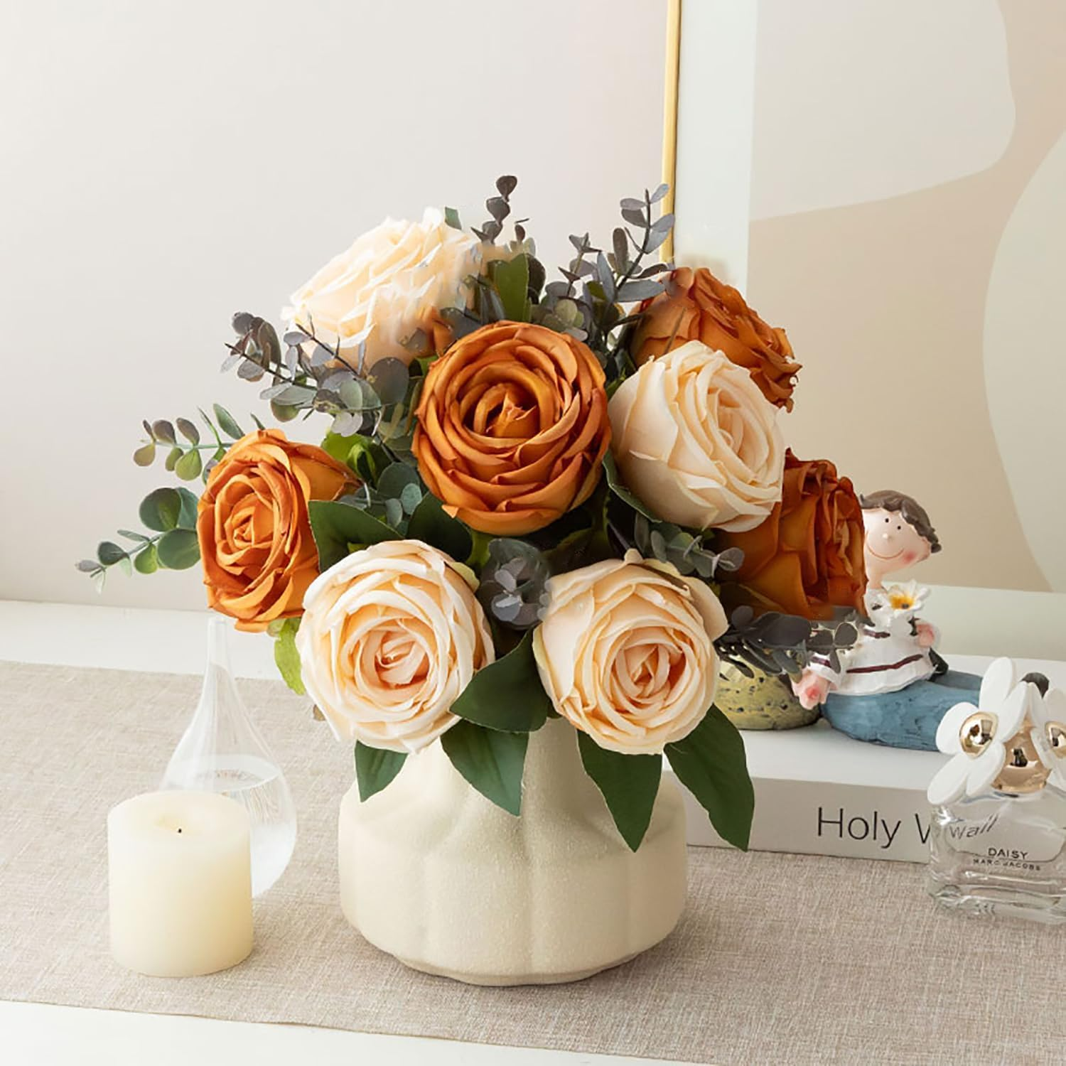 Silk Roses Artificial Flowers in Vase,Fake Flowers with Vase,Faux Flower Arrangement with Vase for Home Office Decoration, Dining Table Centerpiece