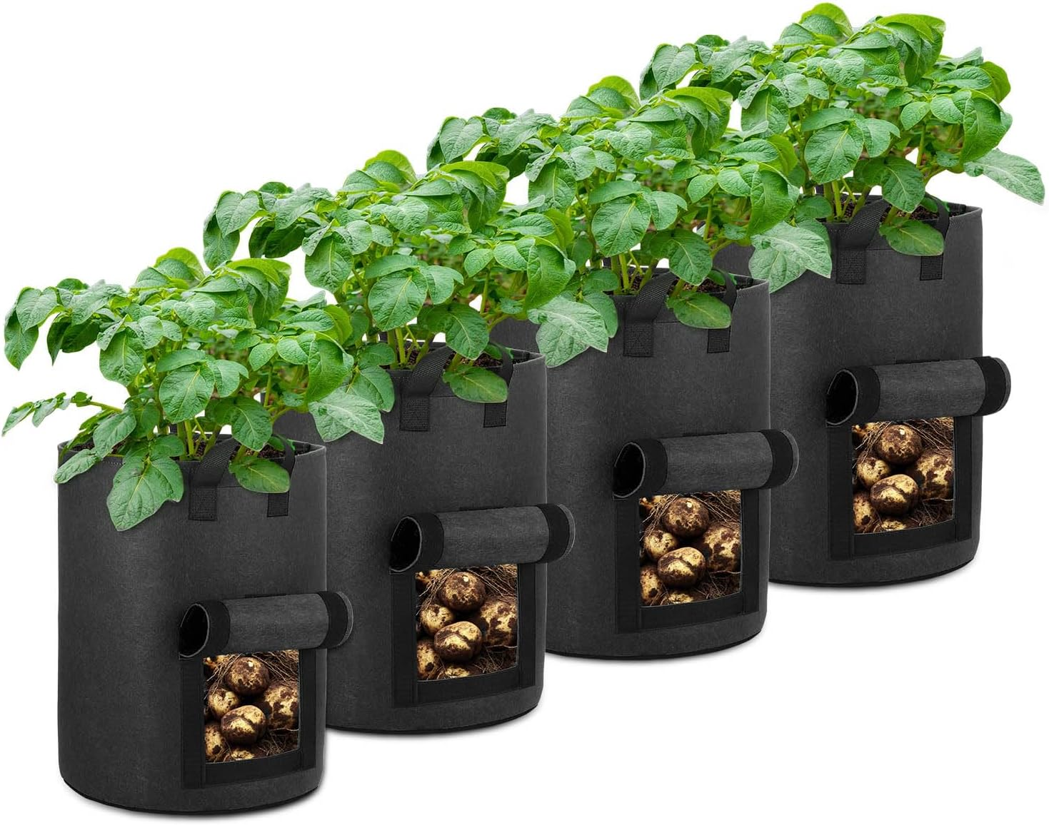4-Pack 10 Gallon Potato Grow Bags with Flap Window, Heavy Duty Aeration Fabric Pots with Handles for Garden and Planting(Black)
