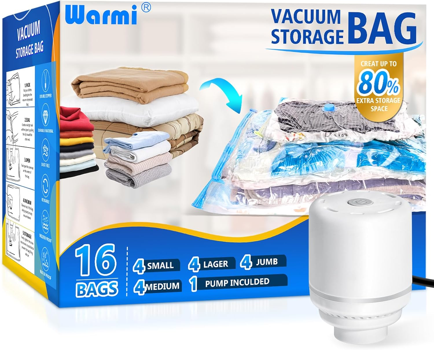 Vivigu 16-Pack Vacuum Storage Bags With Electric Air Pump – Space Saver For Clothes, Jumbo Size