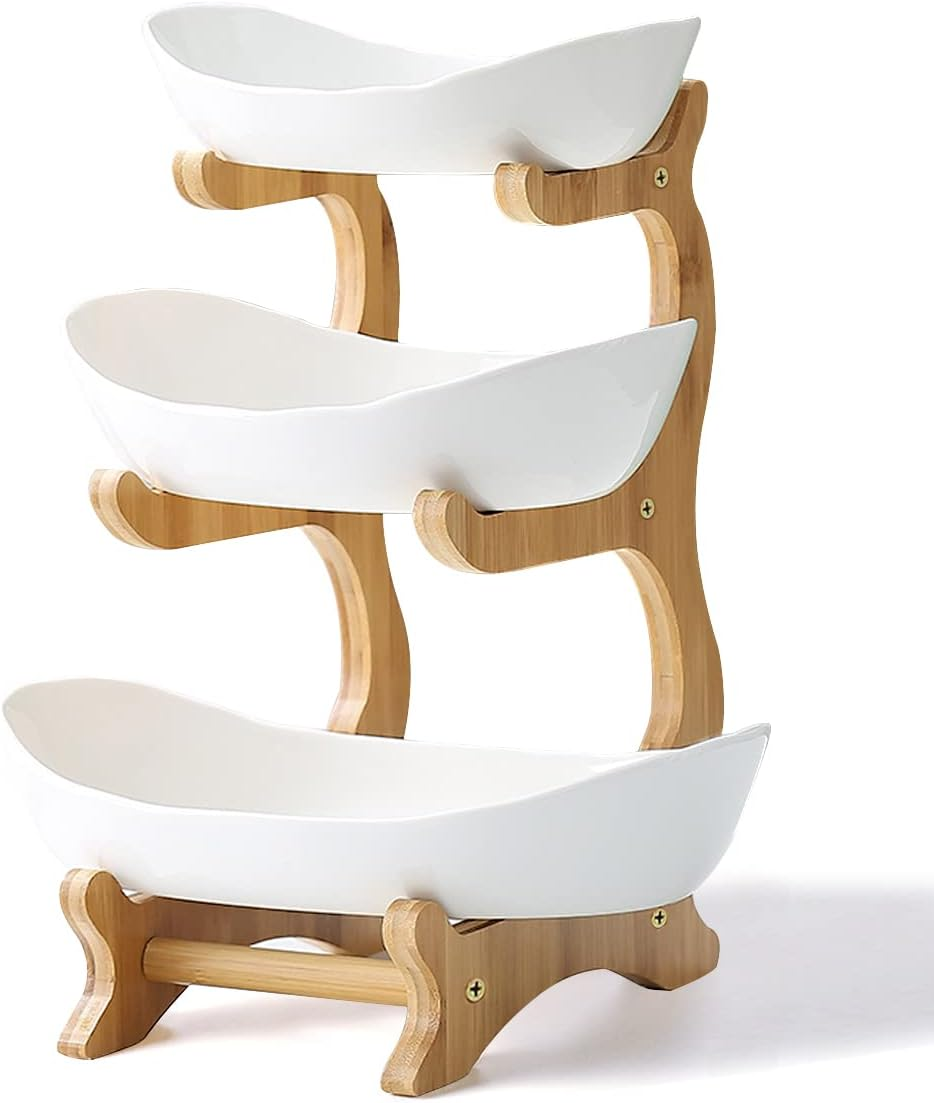 - 3 Tier Ceramic Fruit Bowl with Bamboo Wood Stand for Kitchen Counter,Porcelain Fruit Basket for Vegetable Storage,Snack Dessert Cake Tray Plate Rack for Party Wedding - White