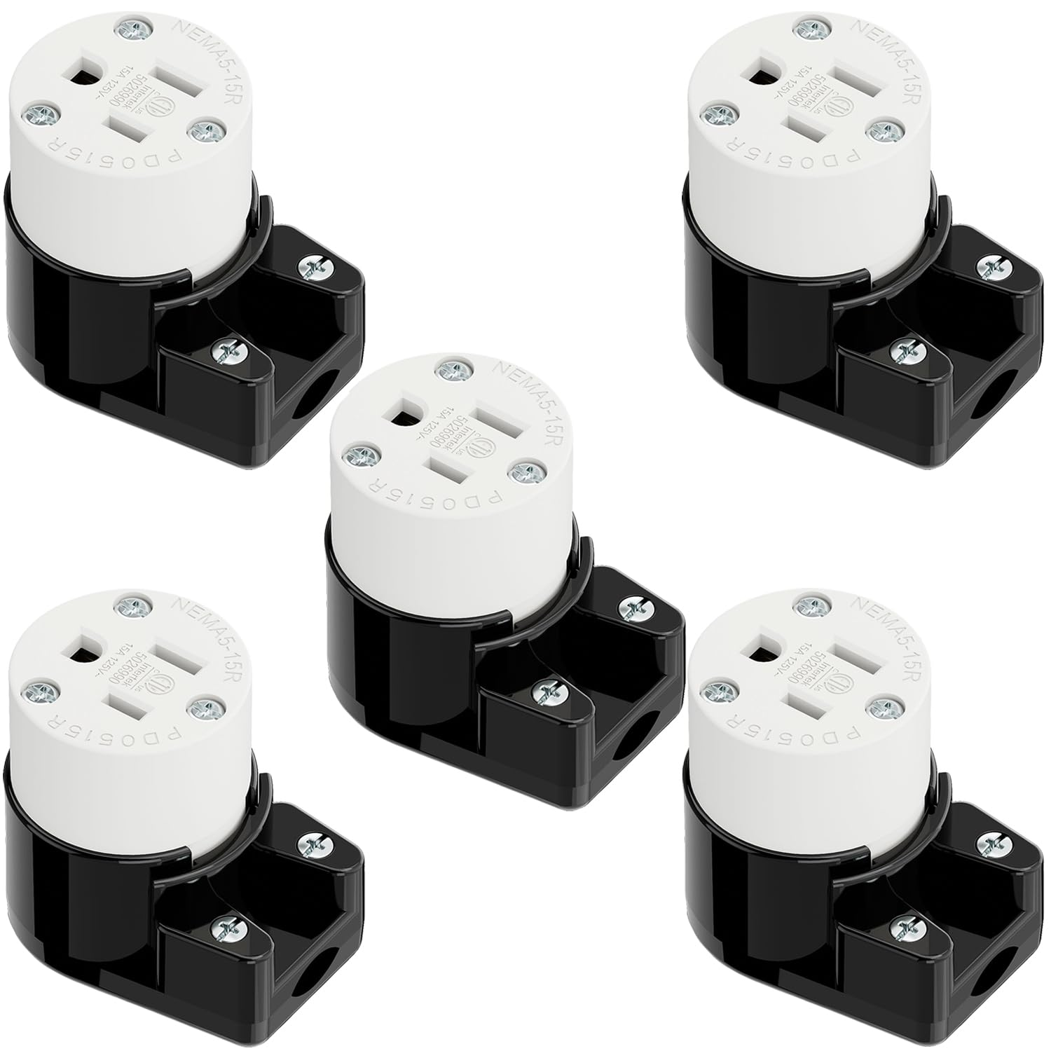 Nema 5-15R/5-15C Female Socket, Right Angle 5-15R Connector ETL Listed 15AMP/125VOLT,15A DIY Receptacle, USA Canada 3-Prong,15A Household AC Industrial Grade Cord End Socket Black/White