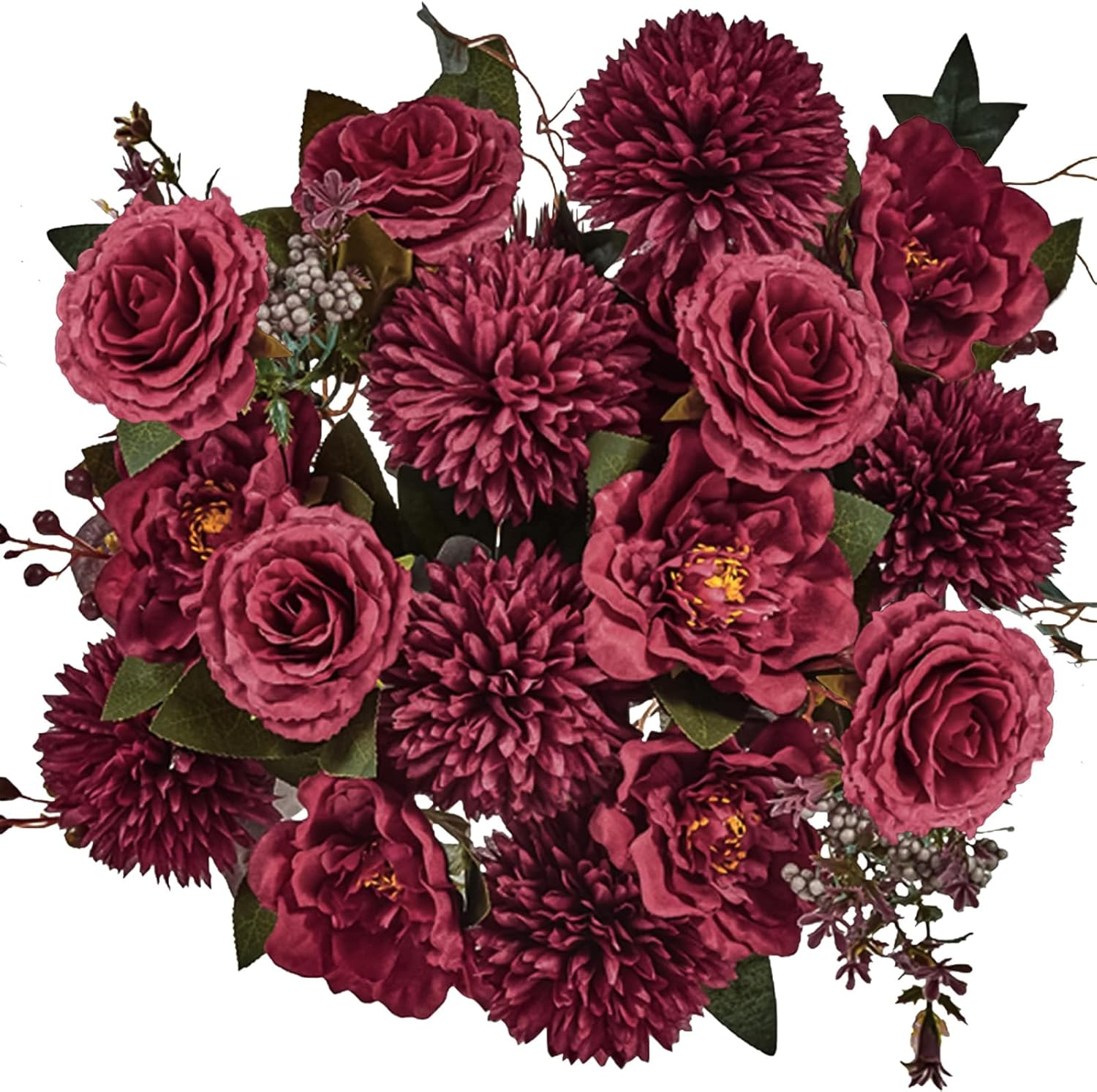 Premium Burgundy Silk Flowers Bouquet, Wine Artificial Floral Arrangements, Dark Red Fake Flower for Wedding Bridal Bouquets, Home Decorations, Baby Shower, Table Centerpieces