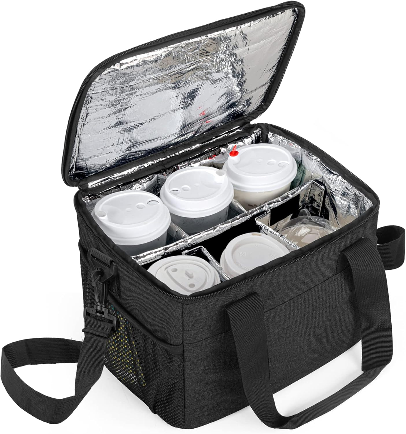 Trunab Reusable 6 Cups Drink Carrier for Delivery Insulated Caddy,Black | Adjustable Dividers,Handle & Shoulder Strap, Beverages Tote Bag for Takeout or Travel