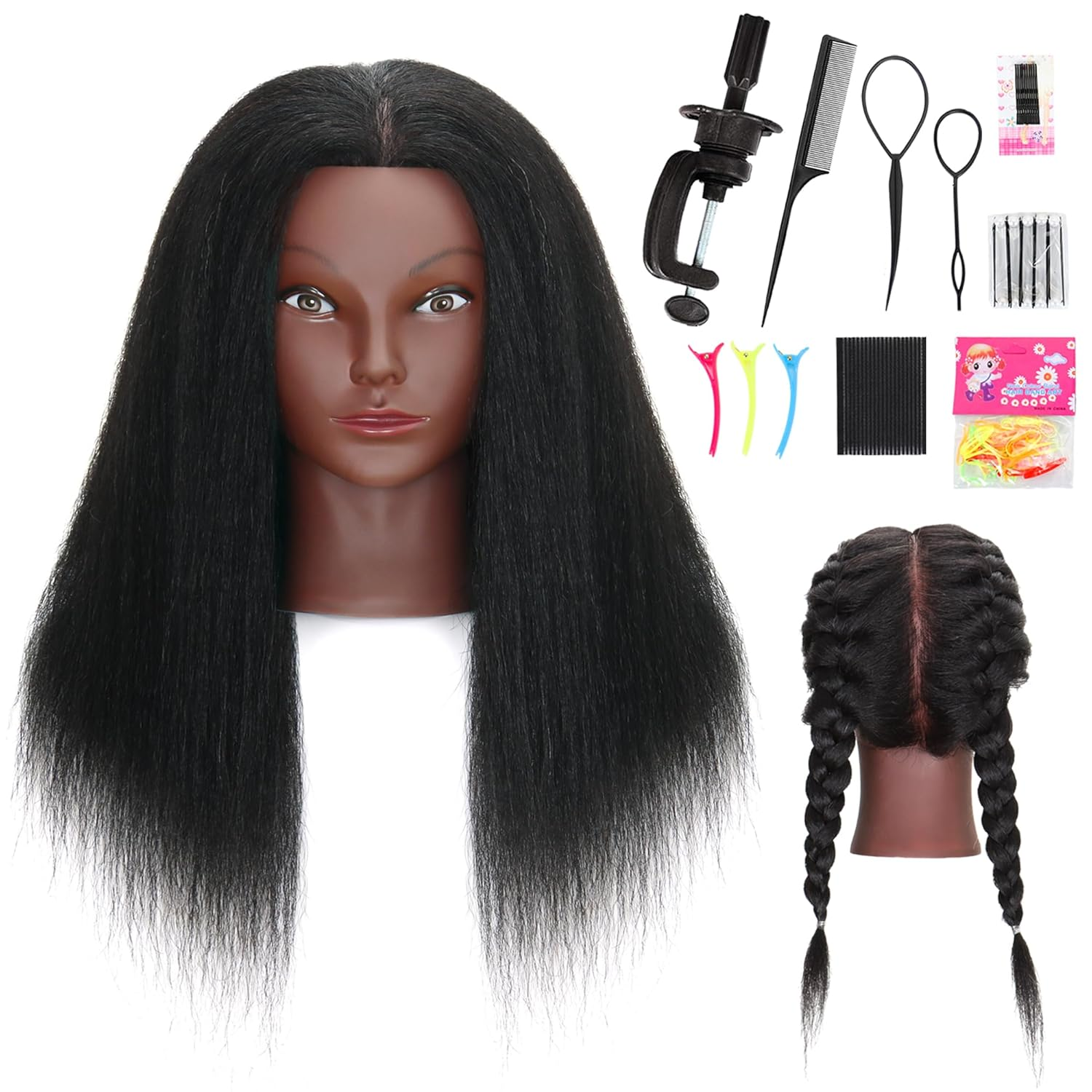 Mannequin Head with Human Hair 16'' Cosmetology Manikin Doll Head with 100% Real Human Hair Mannequin Head for Braiding Hairstylists Cosmetology Students Practice Styling with Free Clamp Holder-Black
