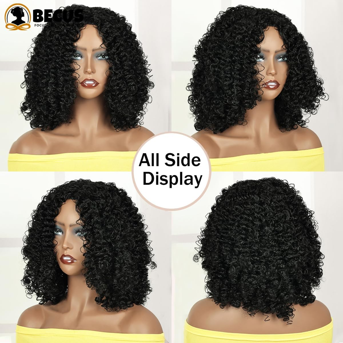 BECUS Afro Curly Wigs for Women 12Inch Natural Black Synthetic African Full K... - Picture 4 of 16