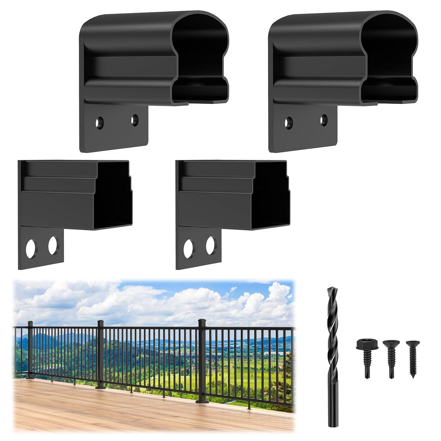 4 Pack Aluminum Fixed Railing Bracket Connector with Drill Bit, Deck Railing Bracket, Black Textured AAMA 2604 Powder-Coat Finish Modular Rail System for Outdoor Decks, Porches & Balconies