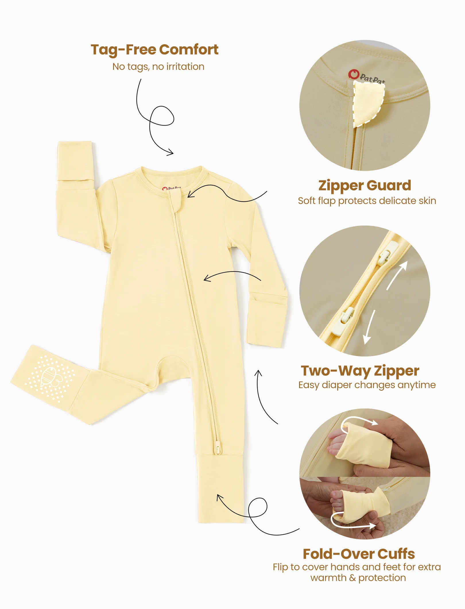 Bamboo 2-Pack Footies Baby Boy / Girl 2-Way Zipper anti Slip Long Sleeve Rompers Pale Yellow