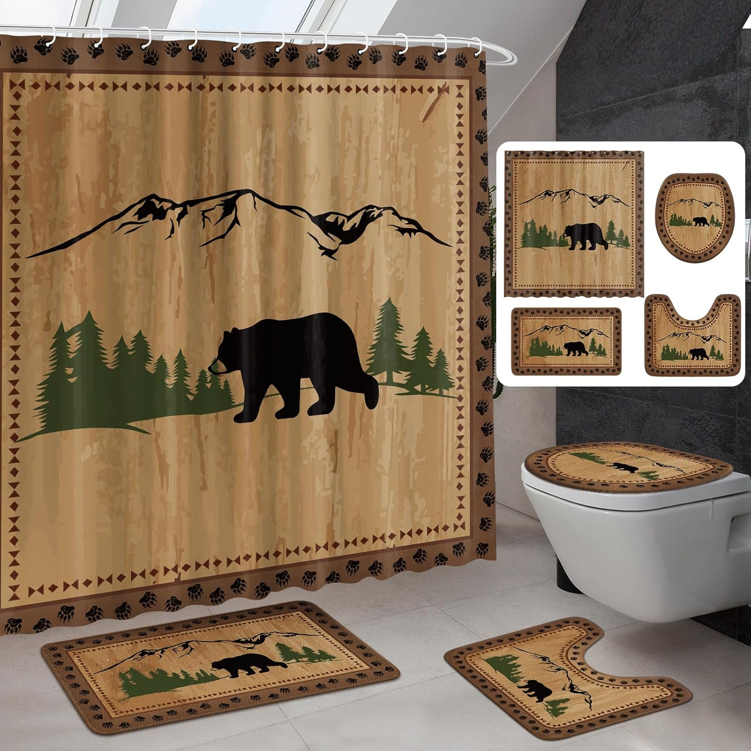 4 Pcs Rustic Cabin Bear Shower Curtain Set Wild Cabin Bear Forest Bath Shower Curtain Vintage Nonslip Bath Rugs Winter Hunting Camping Bath Lodge Decor Gifts for Bathroom Xmas Kitchen