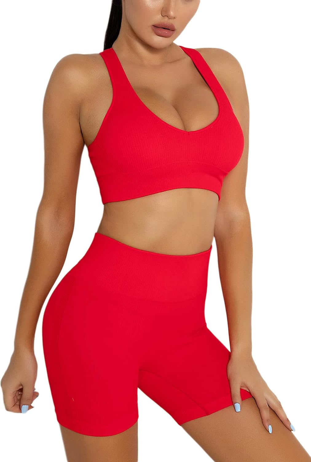 Workout Sets Two Piece Outfits for Women Clothes Gym Yoga Seamless Racerback Sports Bra Tank Tops with Biker Shorts