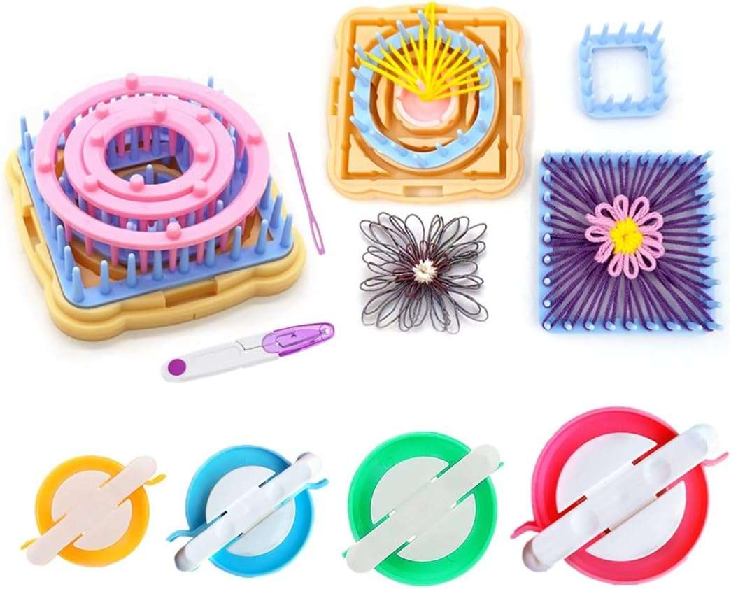 Weaving Loom Kit, Flower Knitting Loom Kit, Frame Looms, Knitting Wool, Round/Square Knitting Looms Craft Kit Multi Color (Flower Maker + Pom Maker)