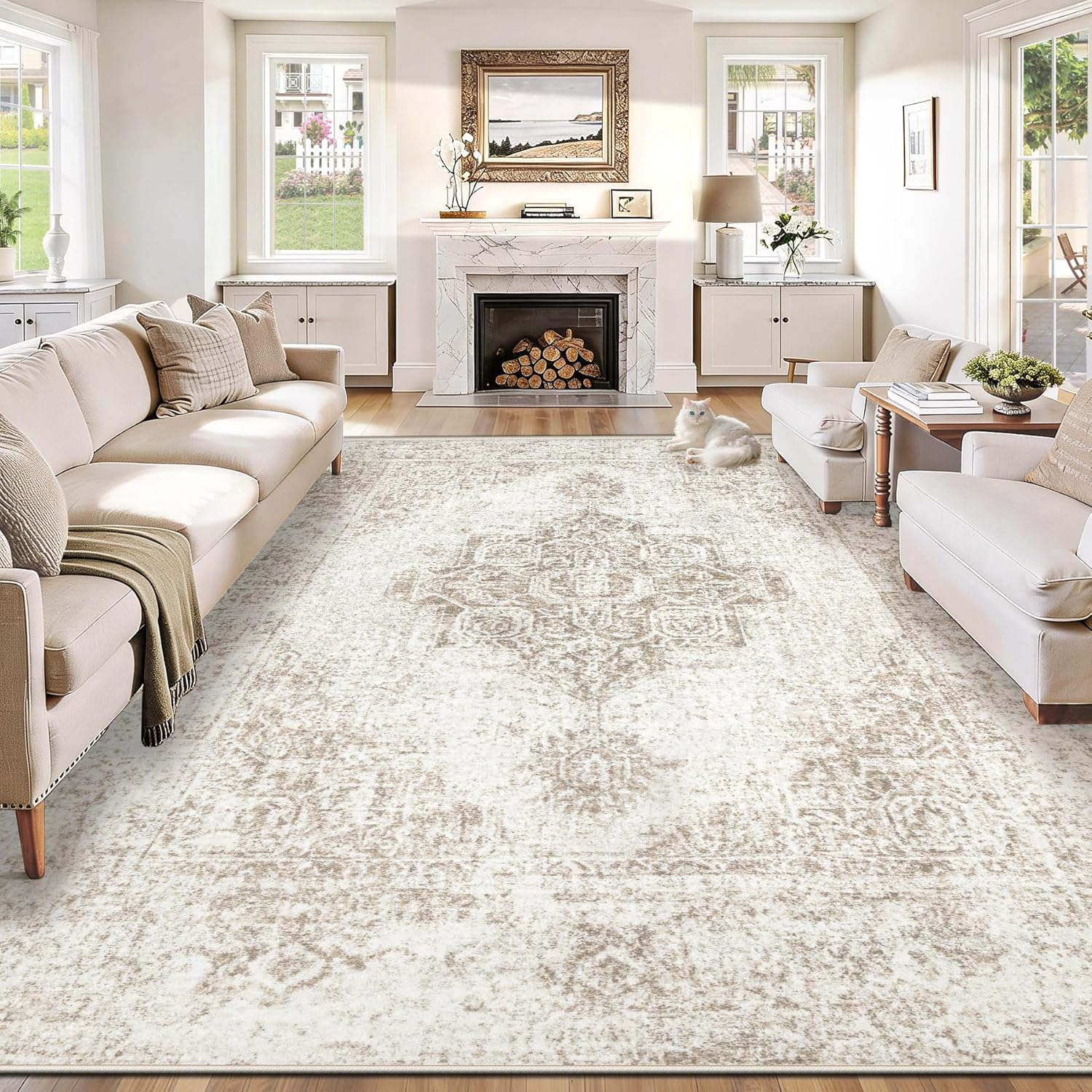 8X10 Area Rugs for Living Room, Washable Vintage Boho Neutral Medallion Rug Non Slip Low Pile Floor Carpet for Bedroom Dining Room Home Office (Beige, 8'X10')