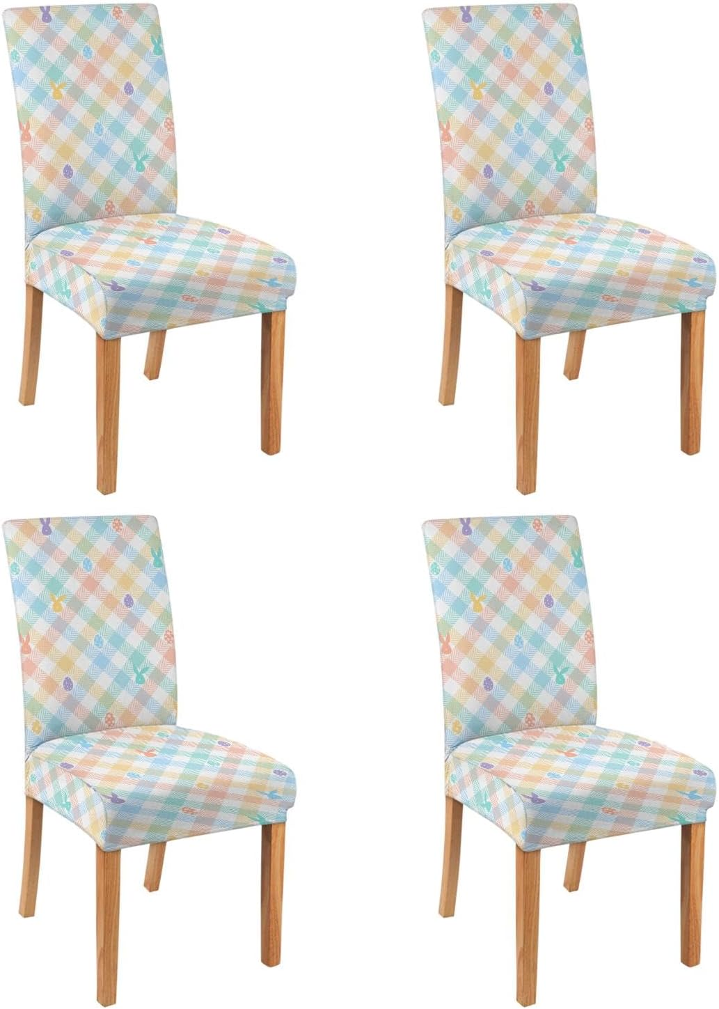 Easter Chair Covers Easter Plaid Chair Covers with Bunny and Easter Egg for Dining Room Kitchen Decoratio– Set of 4