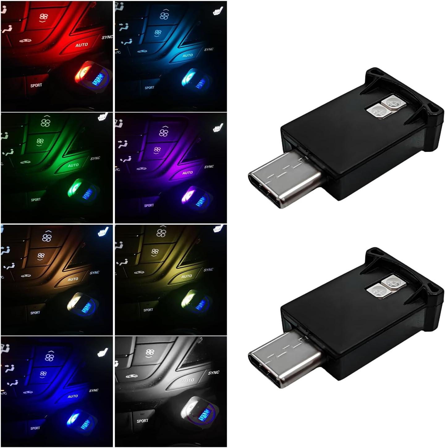 2PCS USB Type C LED Ambient Light, 8 Colors RGB Dynamic Atmosphere Lamp Car Inte